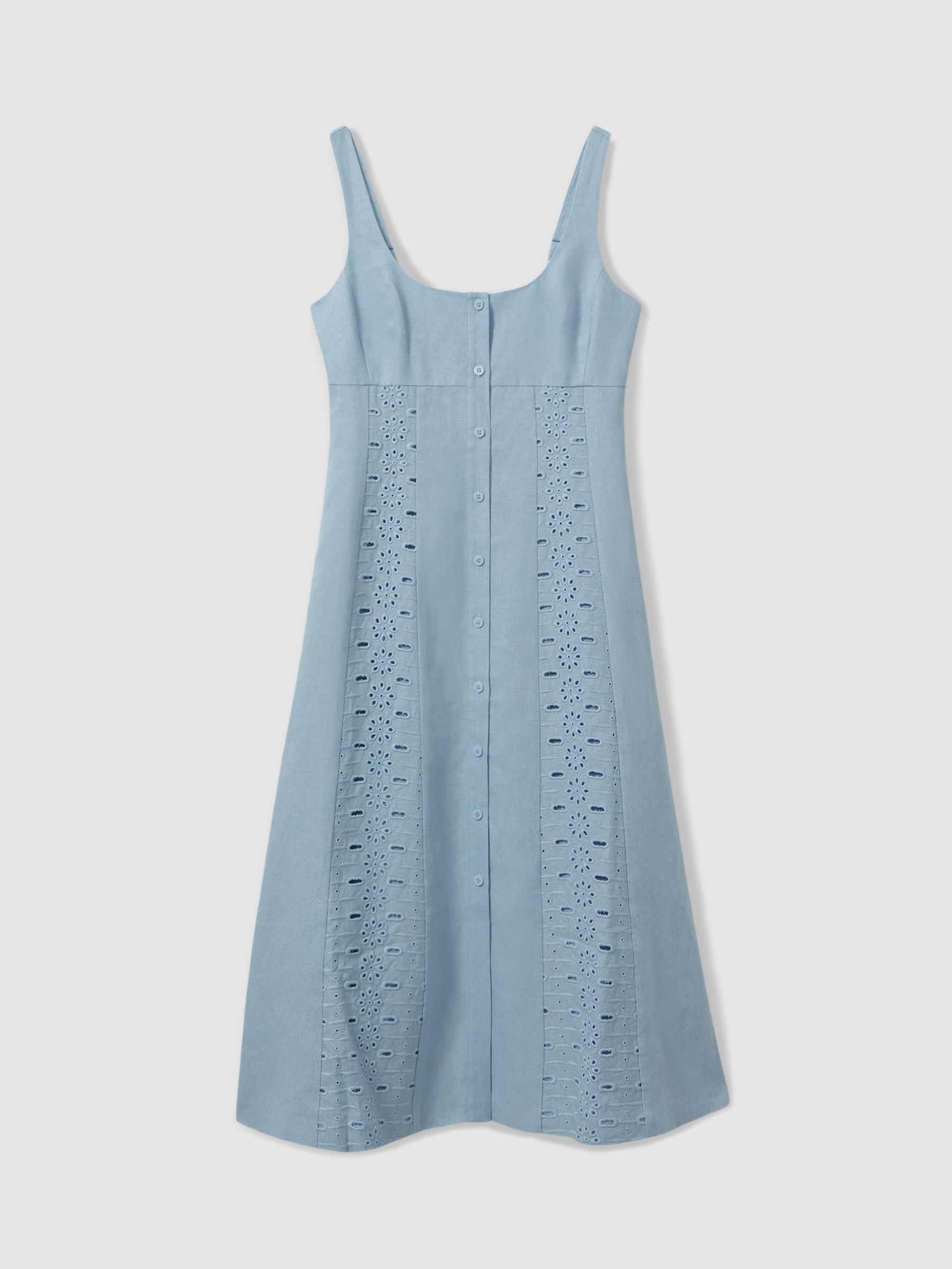 Petite Linen Broderie Midi Dress in Blue - Image 2 of 6