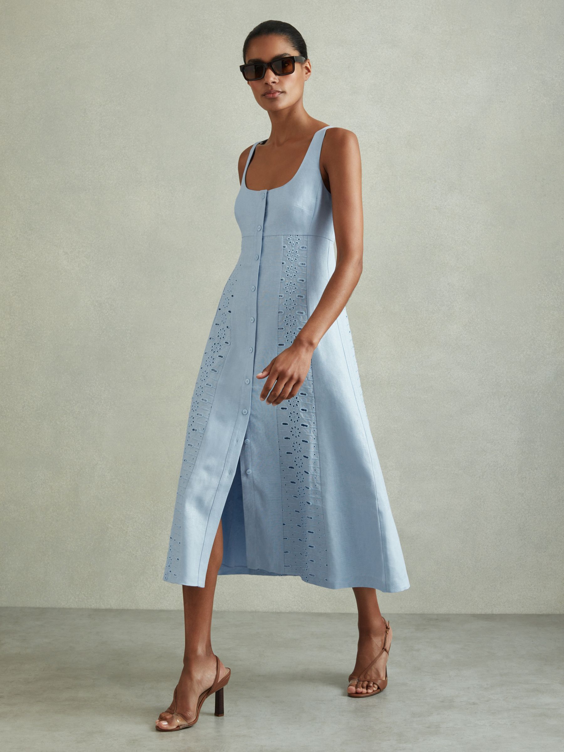 Petite Linen Broderie Midi Dress in Blue - Image 3 of 6