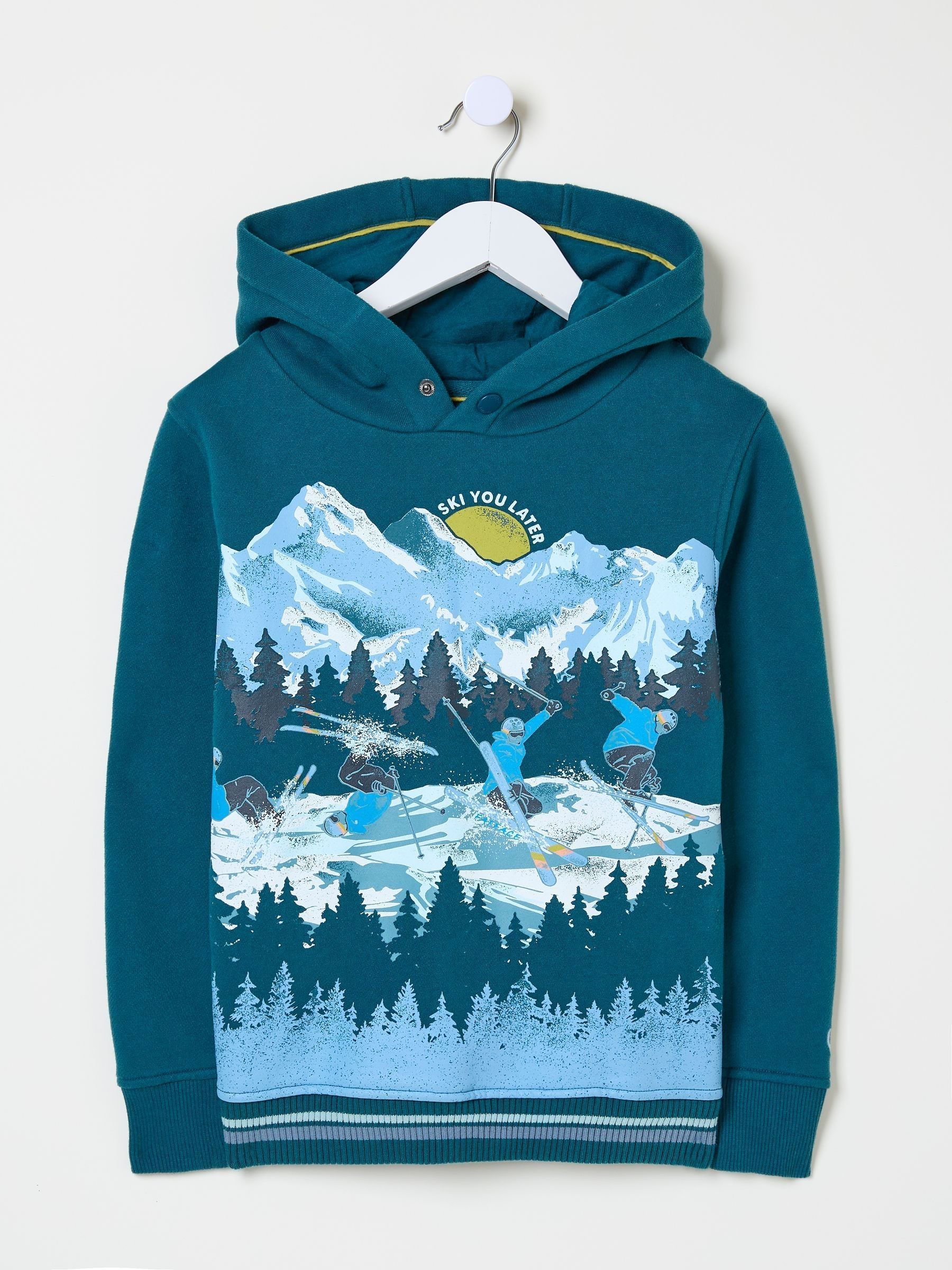 Dark Teal Blue Ski Mountain Popover Hoodie - Image 5 of 6