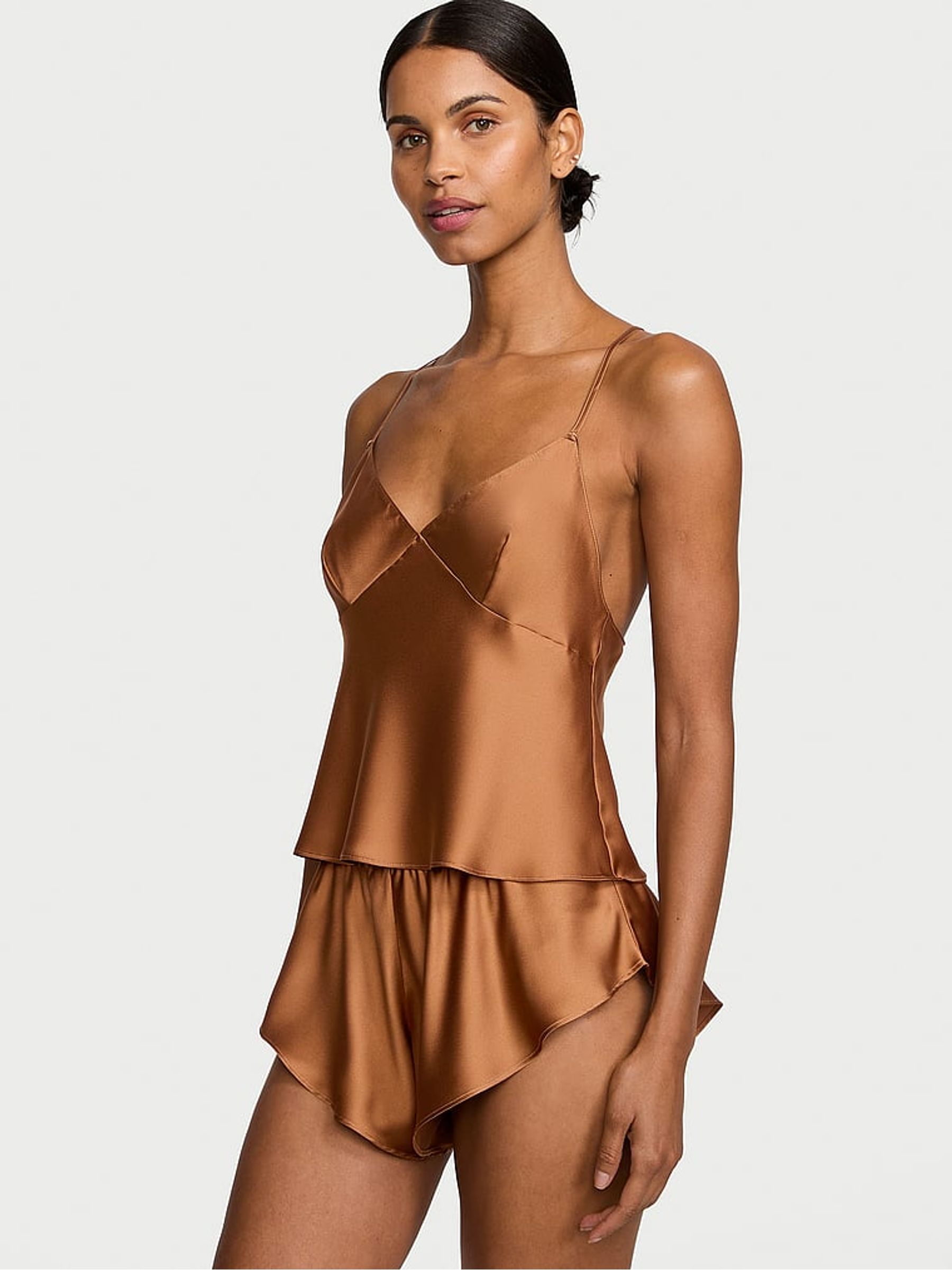 Caramel Brown Satin Open Back Cami Set - Image 1 of 1