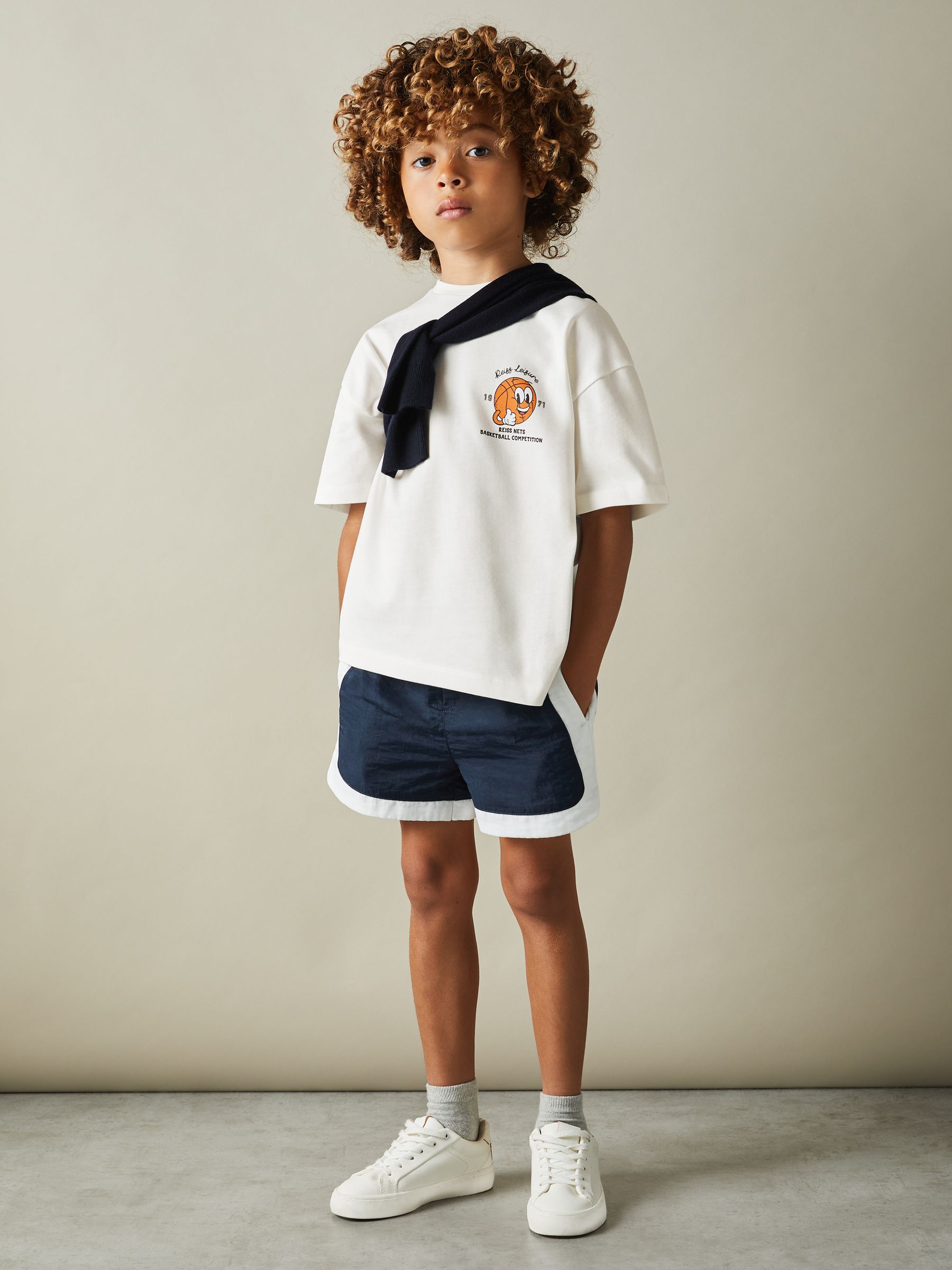 3-9 yrs Oversized Cotton Basketball Motif Crew Neck T-Shirt in Off White - Image 4 of 5