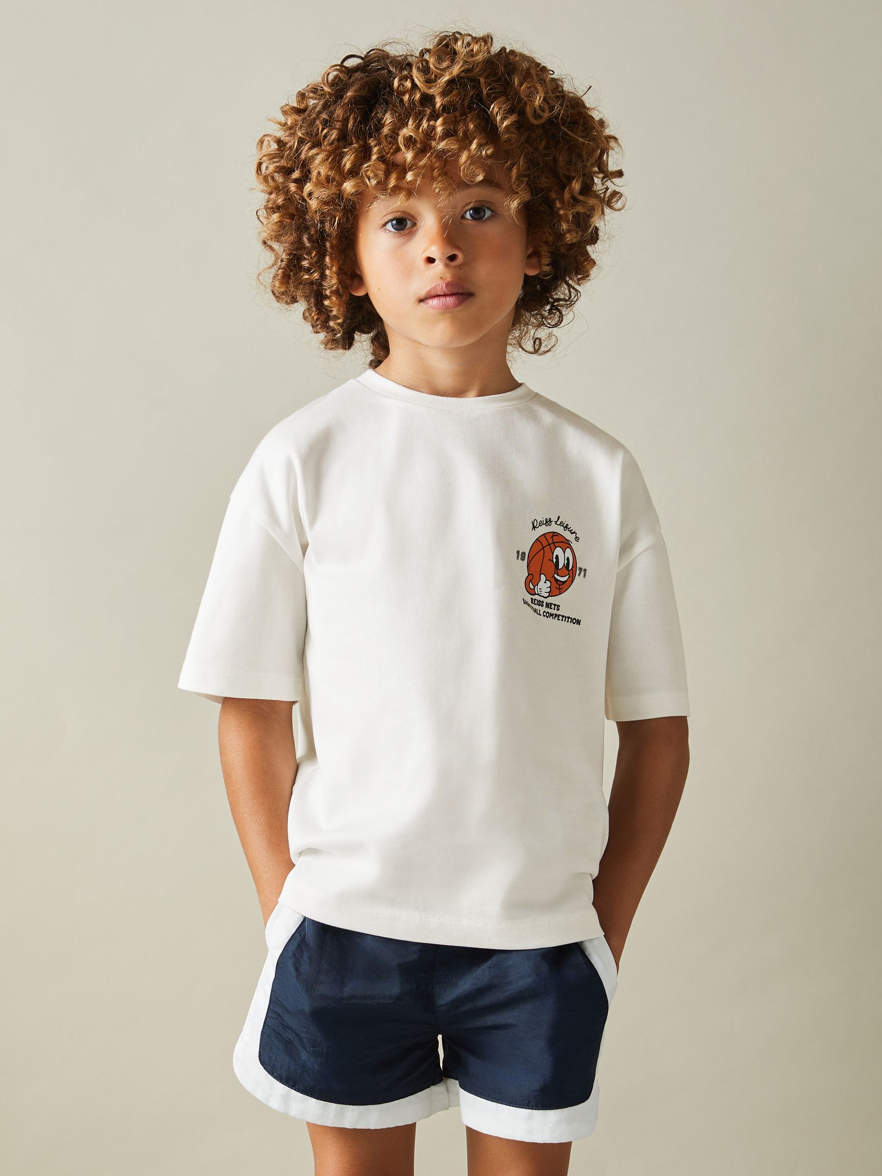 9-13 yrs Oversized Cotton Basketball Motif Crew Neck T-Shirt in Off White - Image 1 of 5