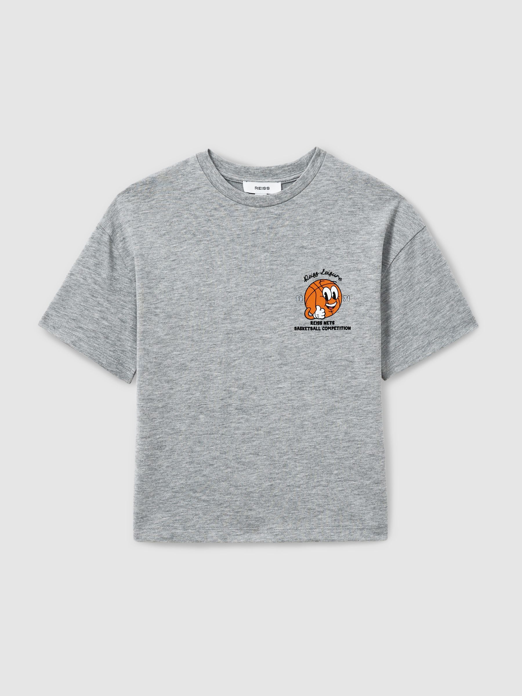 3-9 yrs Oversized Cotton Basketball Motif Crew Neck T-Shirt in Grey Melange - Image 2 of 5