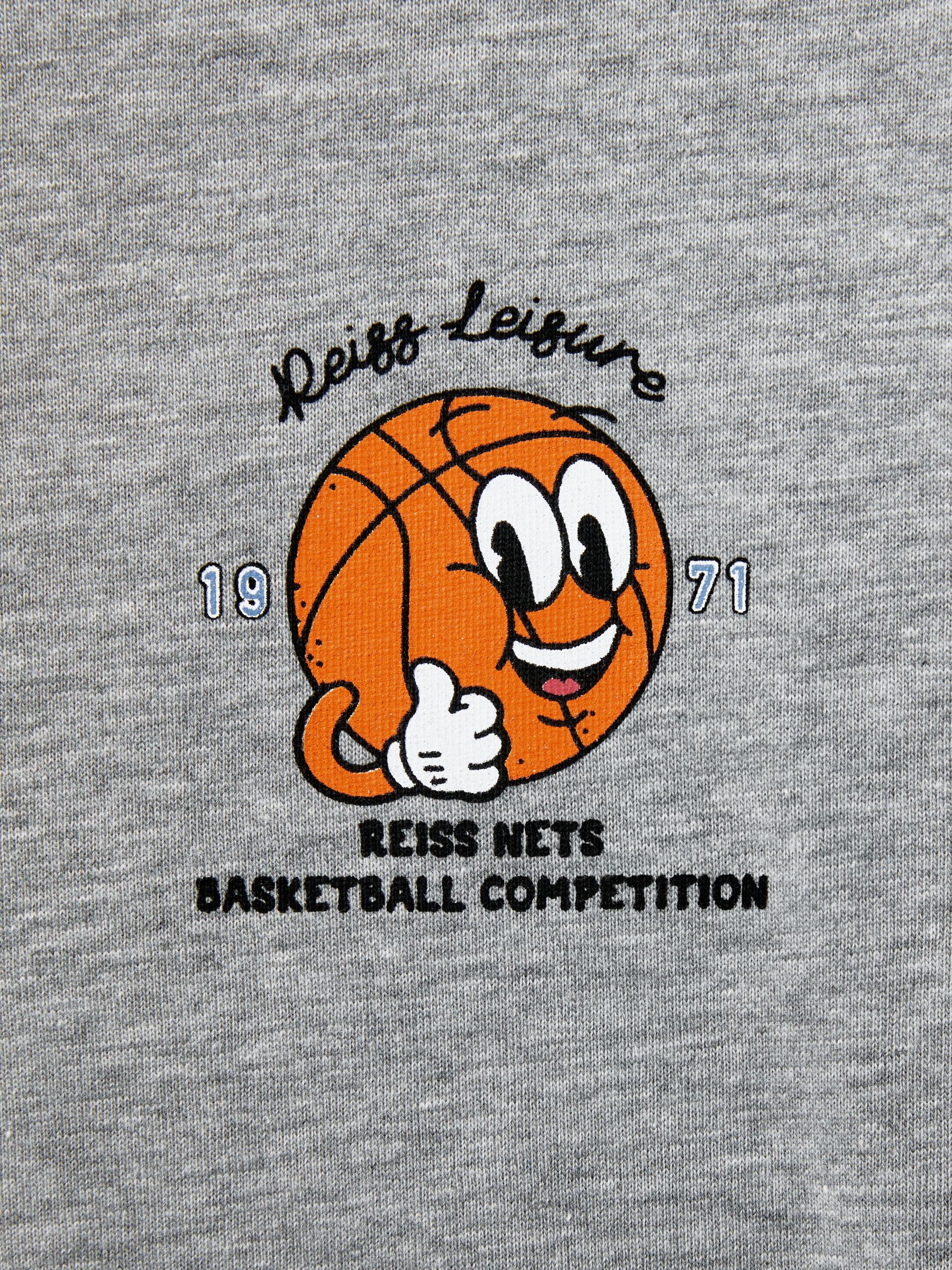 3-9 yrs Oversized Cotton Basketball Motif Crew Neck T-Shirt in Grey Melange - Image 5 of 5