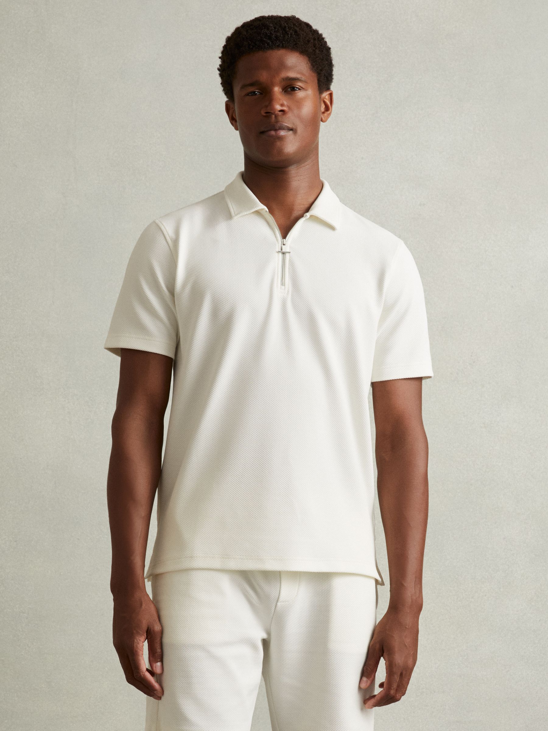 Textured Zip-Neck Polo Shirt in Off White - Image 1 of 5