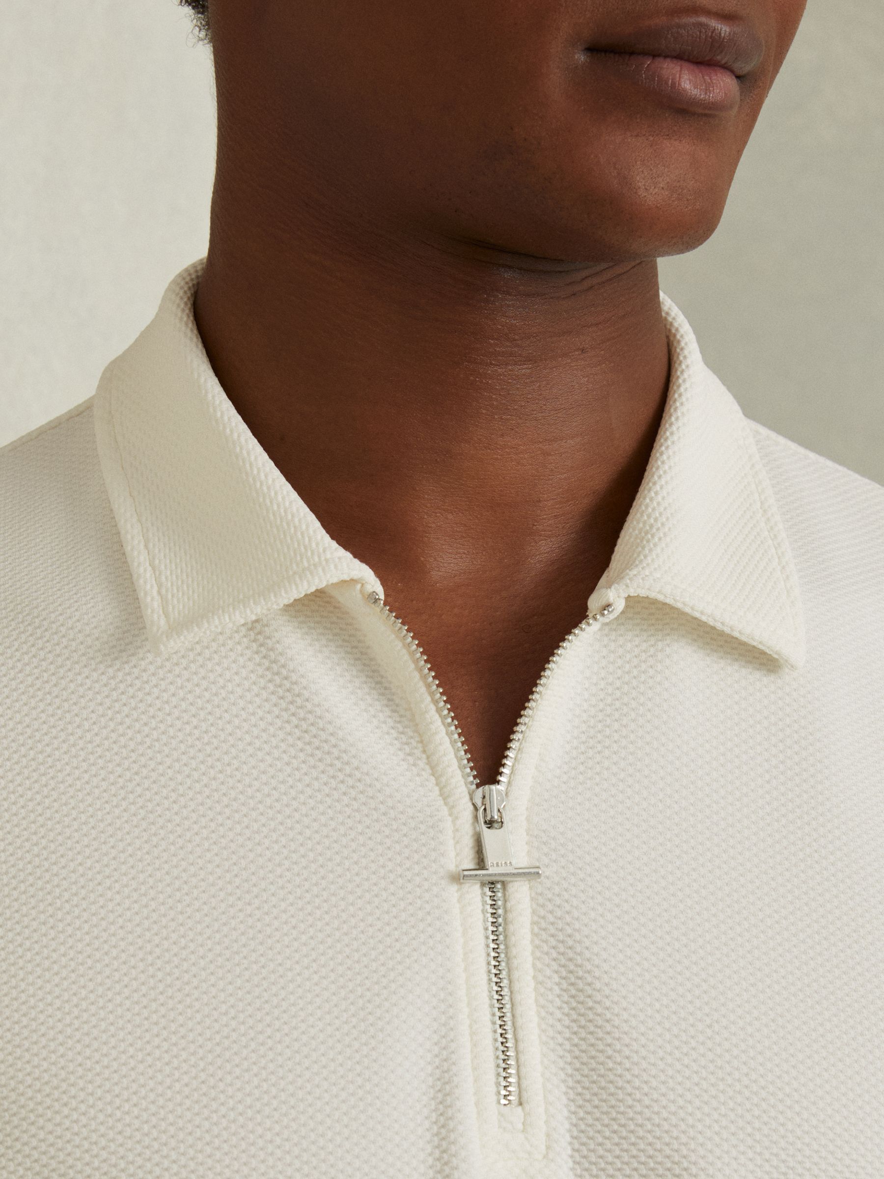 Textured Zip-Neck Polo Shirt in Off White - Image 4 of 5