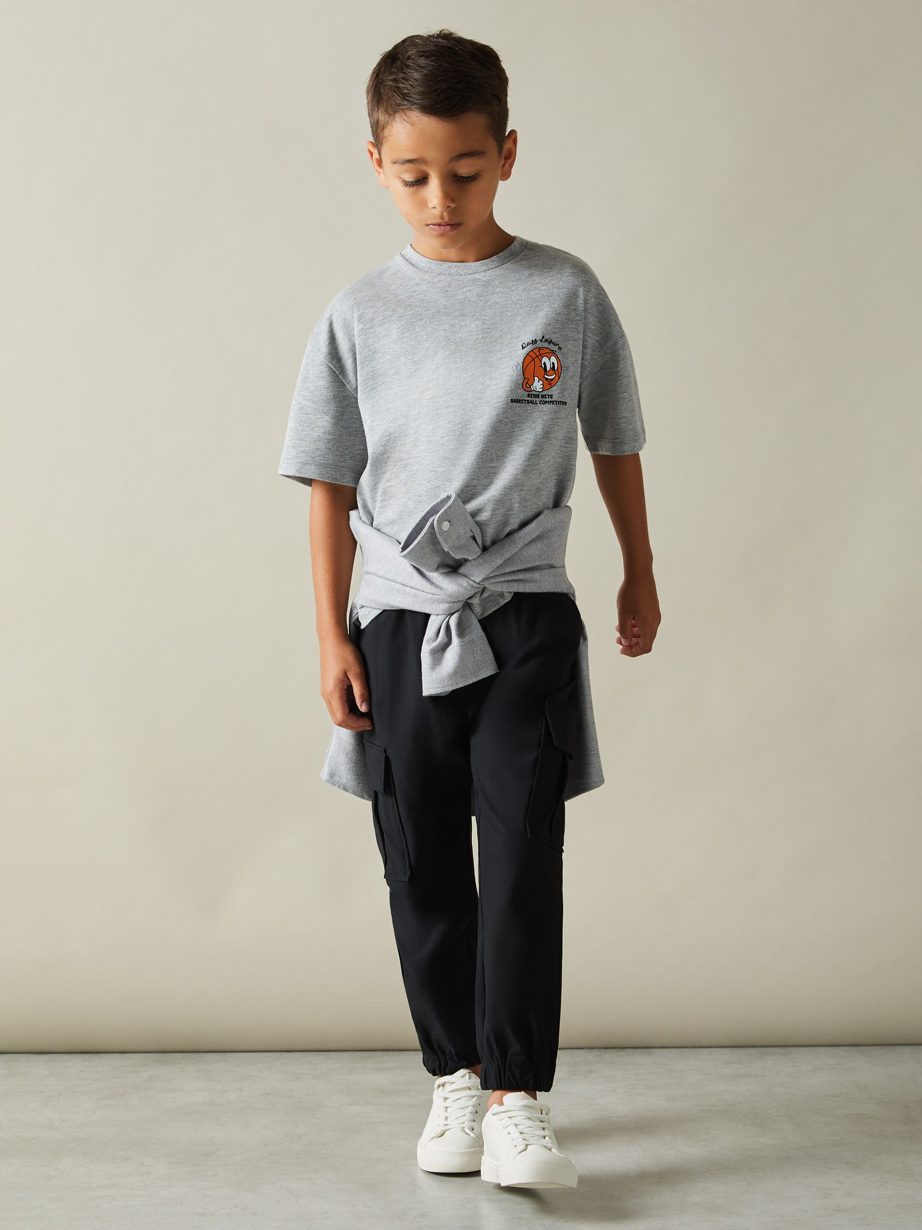 9-13 yrs Oversized Cotton Basketball Motif Crew Neck T-Shirt in Grey Melange - Image 1 of 5 9-13 yrs Oversized Cotton Basketball Motif Crew Neck T-Shirt in Grey Melange - Image 1 of 5