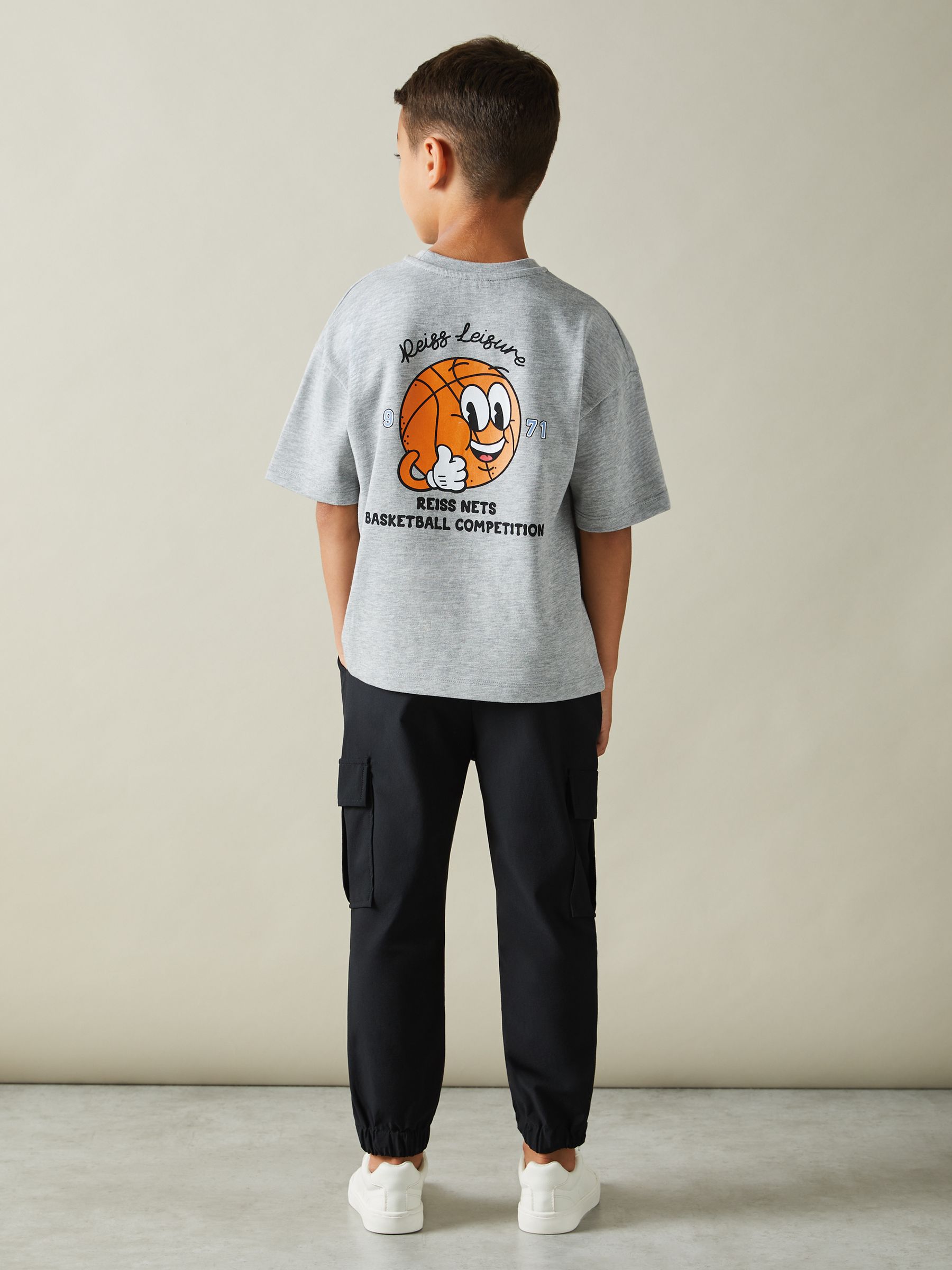 9-13 yrs Oversized Cotton Basketball Motif Crew Neck T-Shirt in Grey Melange - Image 4 of 5