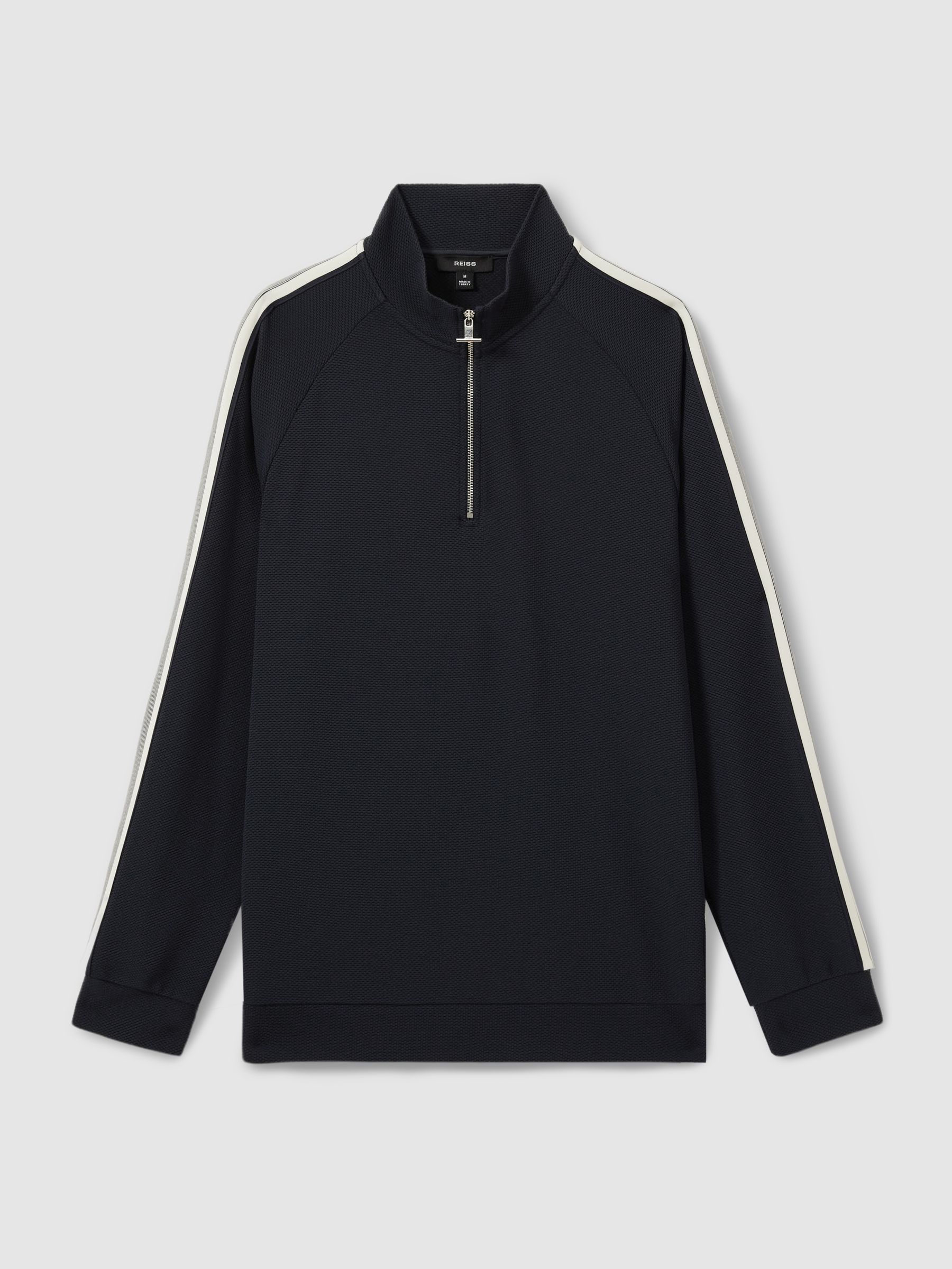 Textured Stripe Half-Zip Funnel Neck Sweatshirt in Navy - Image 2 of 5