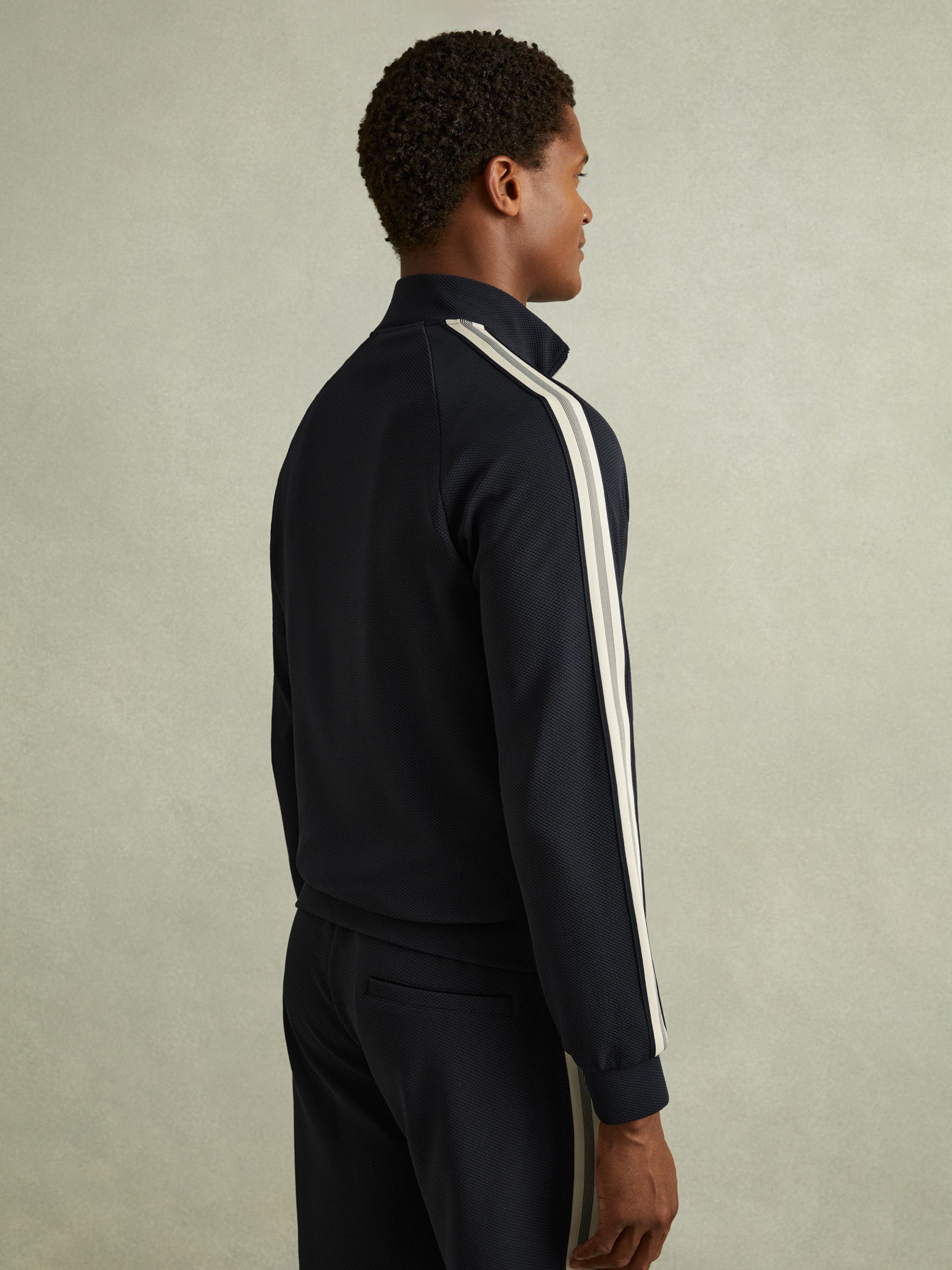 Textured Stripe Half-Zip Funnel Neck Sweatshirt in Navy - Image 4 of 5