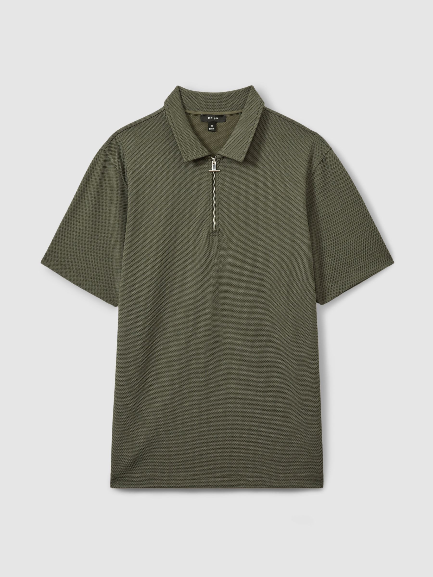 Textured Zip-Neck Polo Shirt in Green Smoke - Image 2 of 5