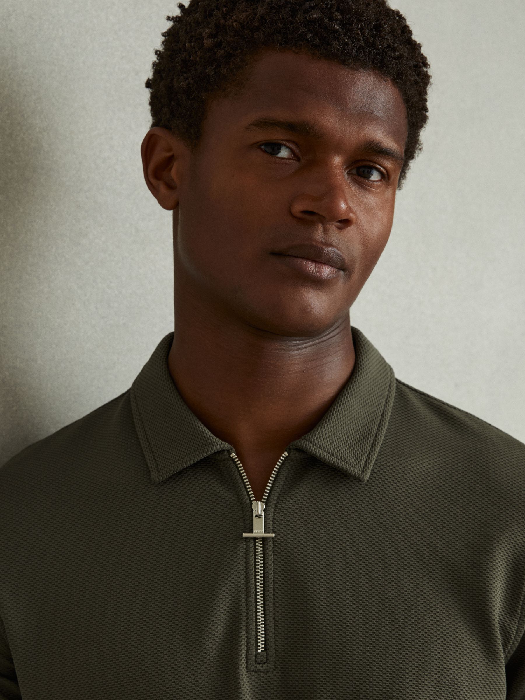 Textured Zip-Neck Polo Shirt in Green Smoke - Image 3 of 5