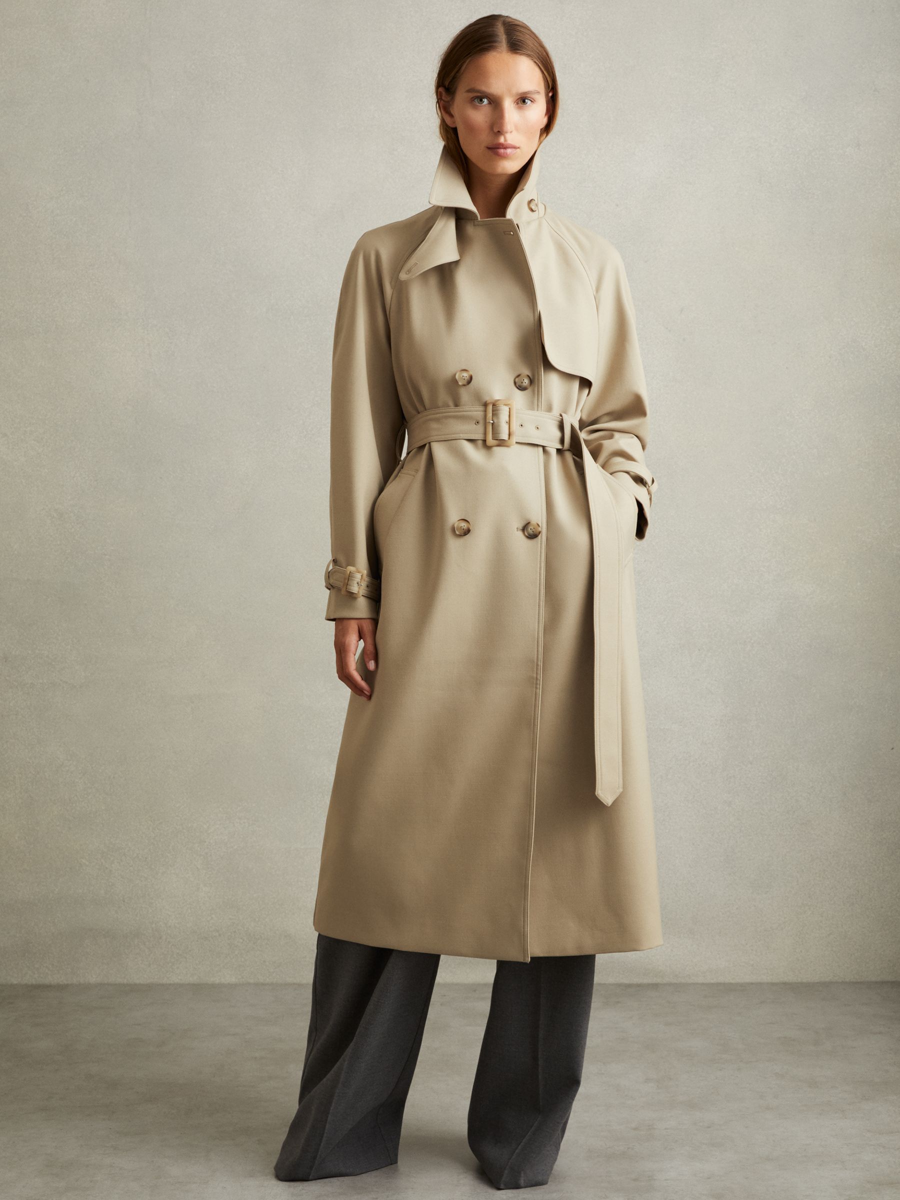 Darcie Khaki Double Breasted Belted Trench Coat - Image 1 of 8