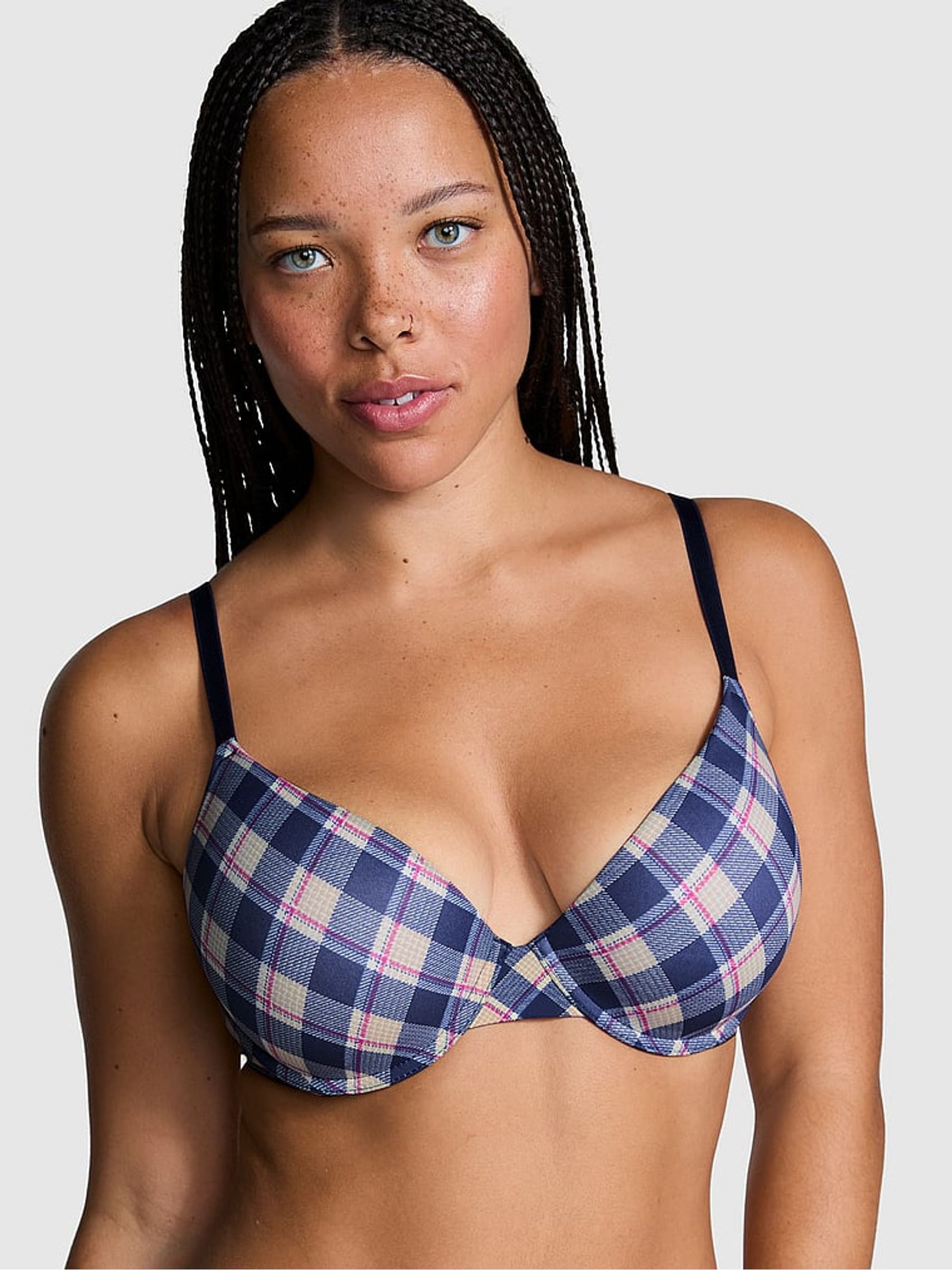 Blue Navy Plaid Print Push Up Bra - Image 1 of 3