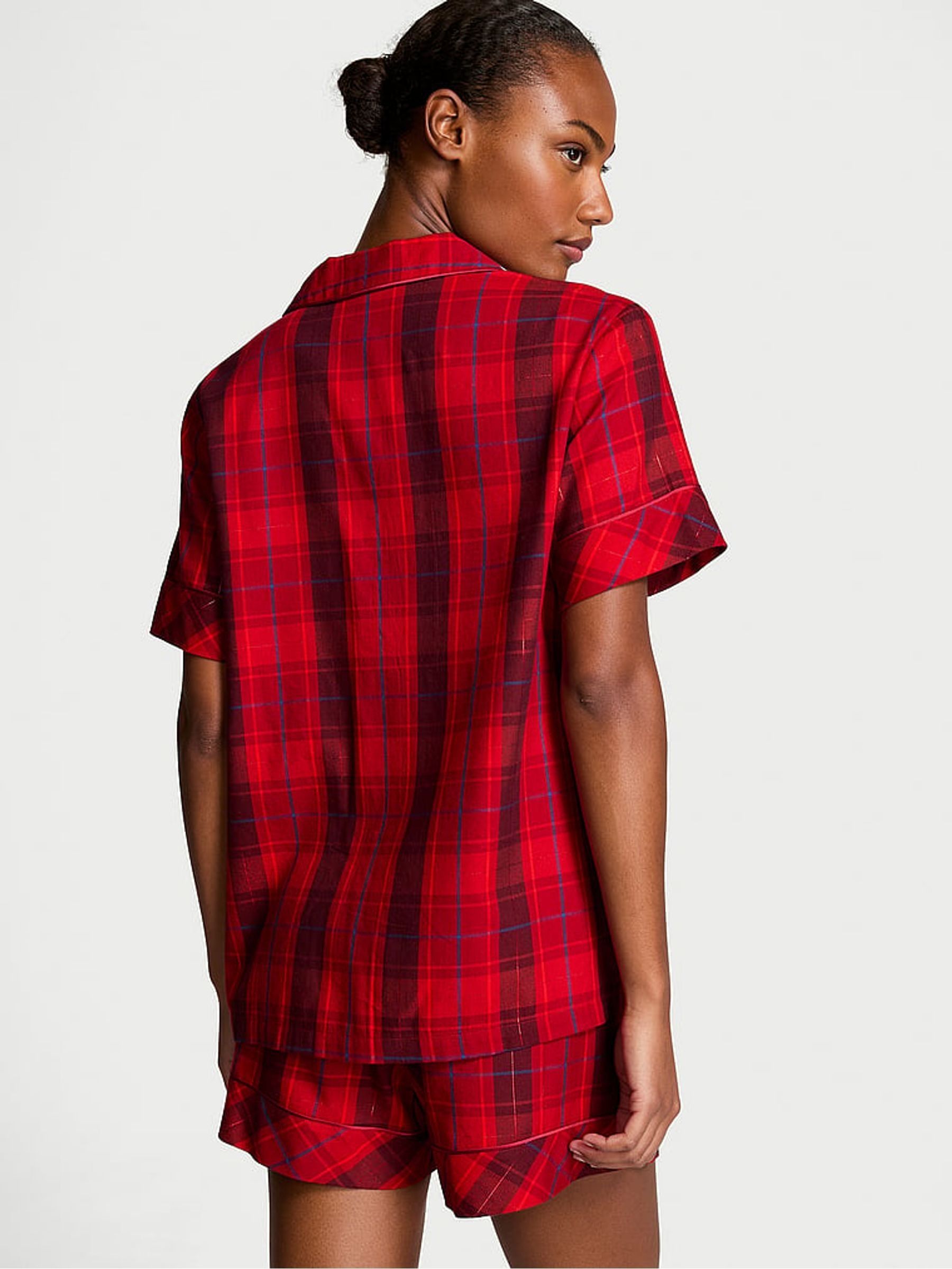 Red Laquer Tonal Plaid Flannel Short Pyjama Set - Image 2 of 3