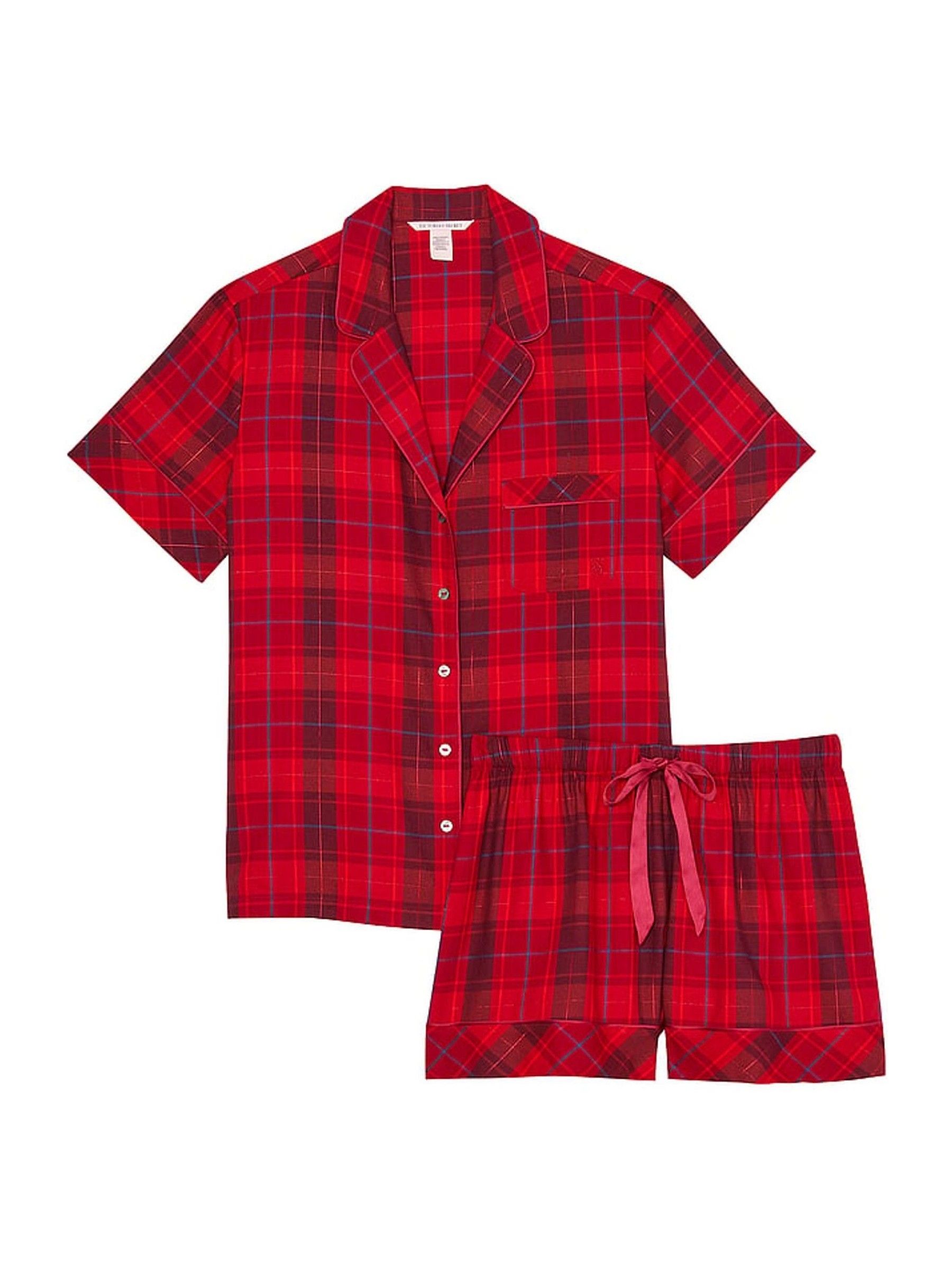 Red Laquer Tonal Plaid Flannel Short Pyjama Set - Image 3 of 3