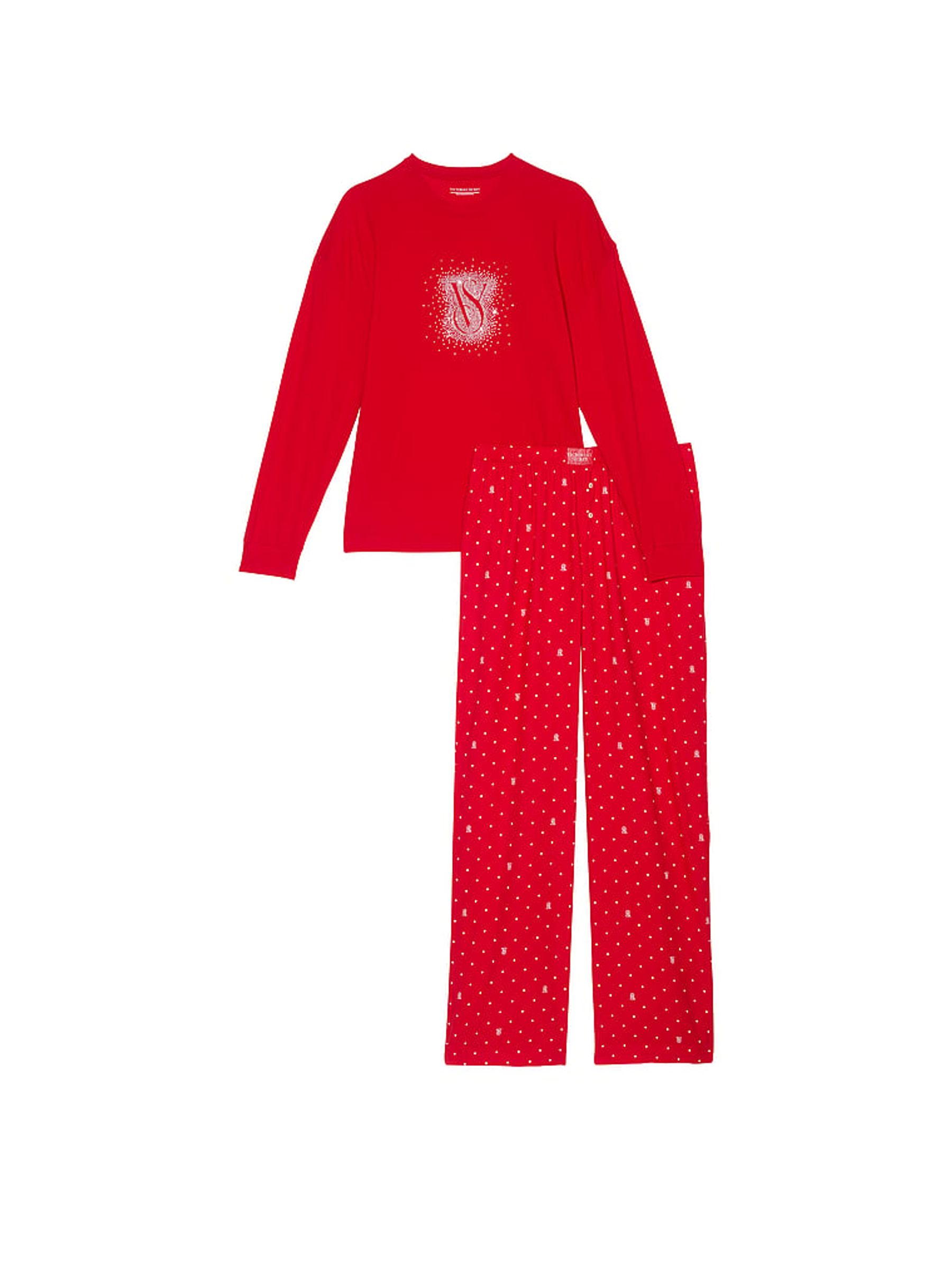 Lipstick Red Pin Dot Long Sleeve T-Shirt Flannel Pyjama Set - Image 3 of 3