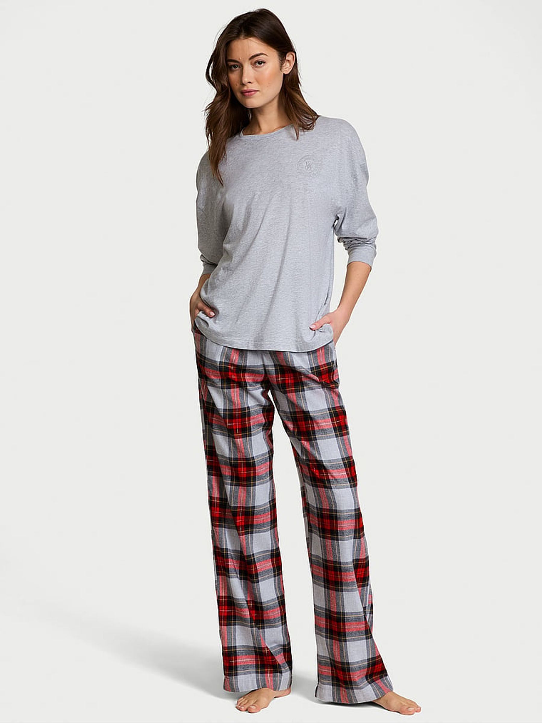 Heather Grey Tartan Plaid Long Sleeve T-Shirt Flannel Pyjama Set - Image 1 of 4