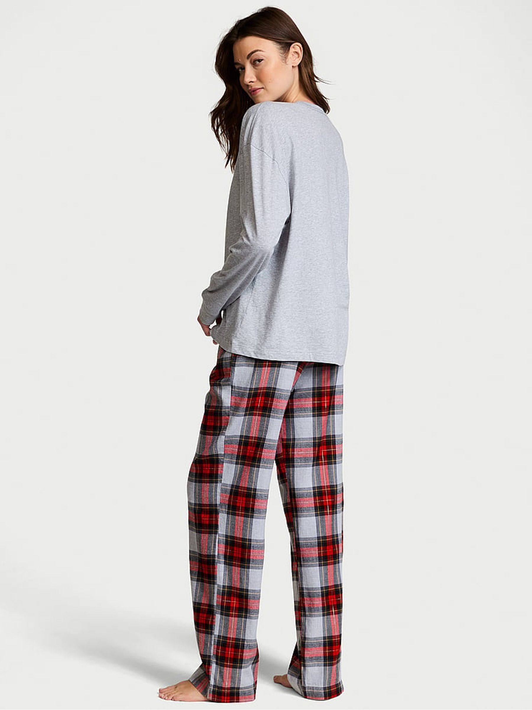 Heather Grey Tartan Plaid Long Sleeve T-Shirt Flannel Pyjama Set - Image 2 of 4