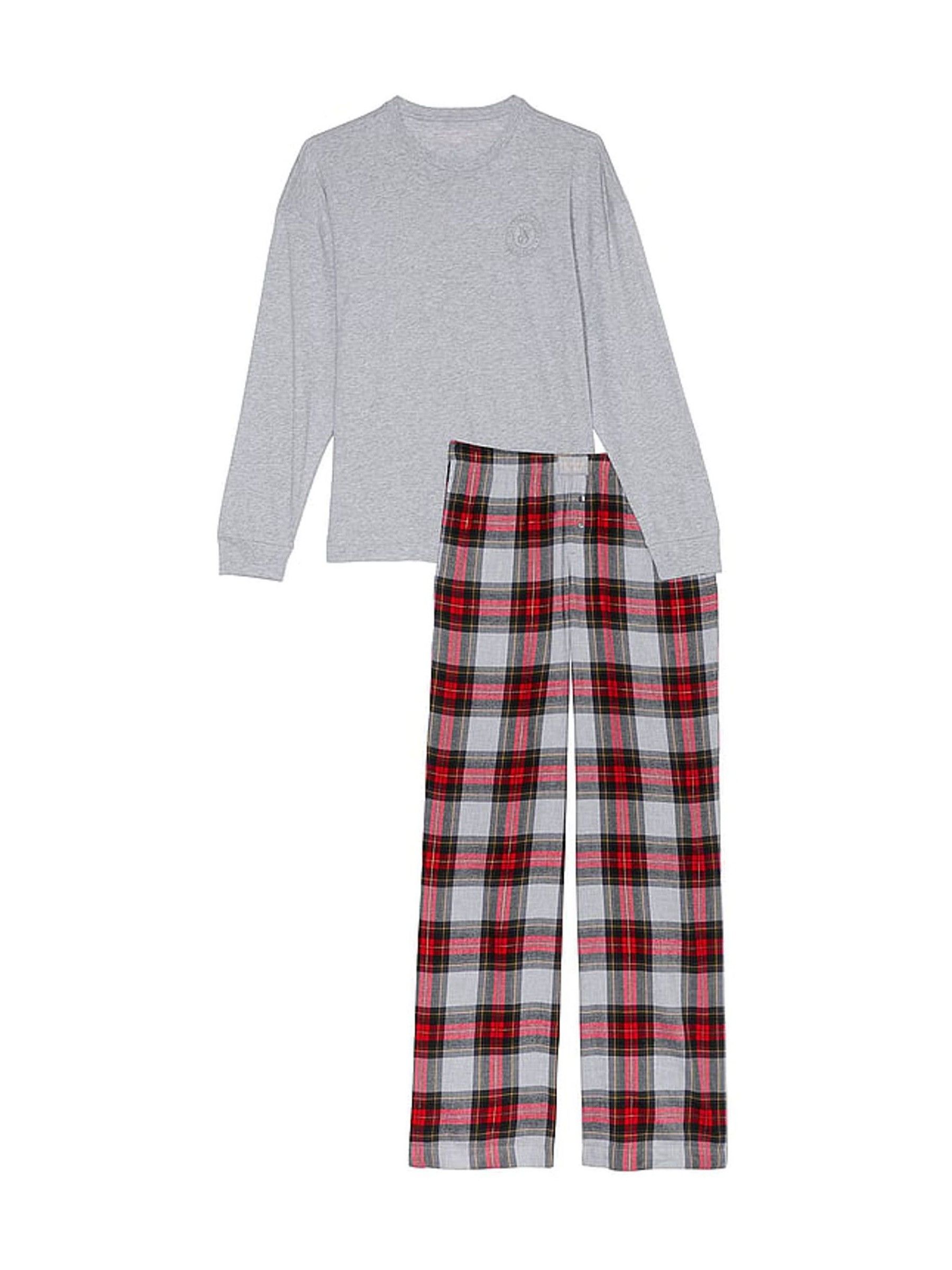 Heather Grey Tartan Plaid Long Sleeve T-Shirt Flannel Pyjama Set - Image 3 of 4