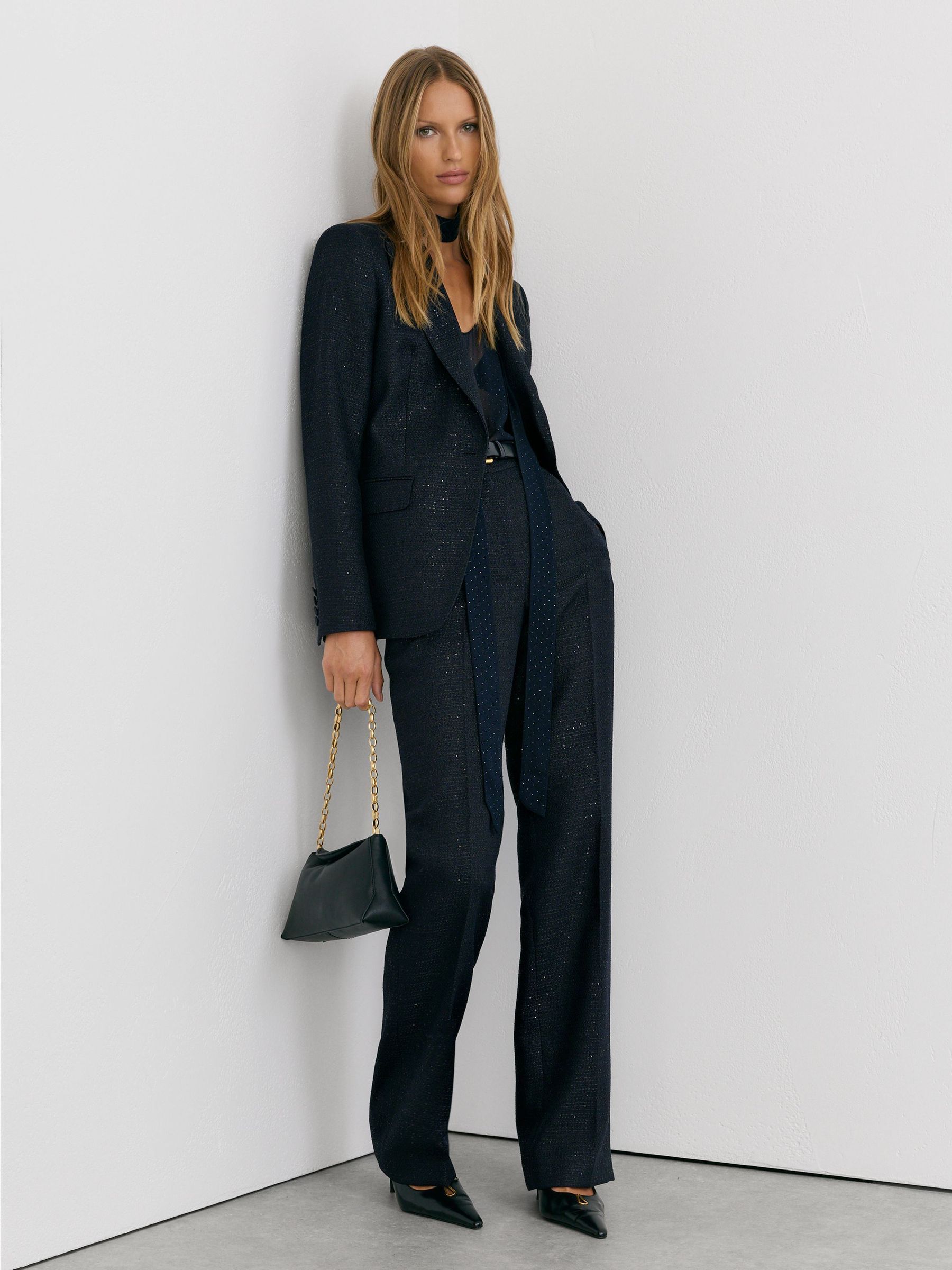 Petite Sequin-Detail Wide-Leg Woven Trousers in Navy - Image 1 of 8