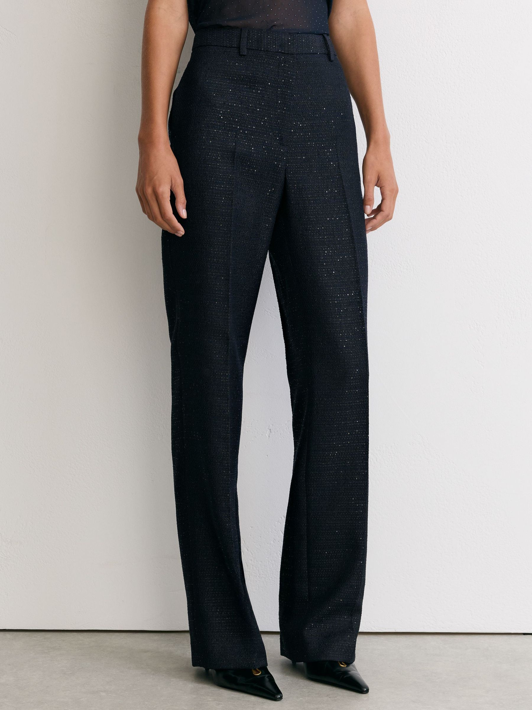 Petite Sequin-Detail Wide-Leg Woven Trousers in Navy - Image 4 of 8