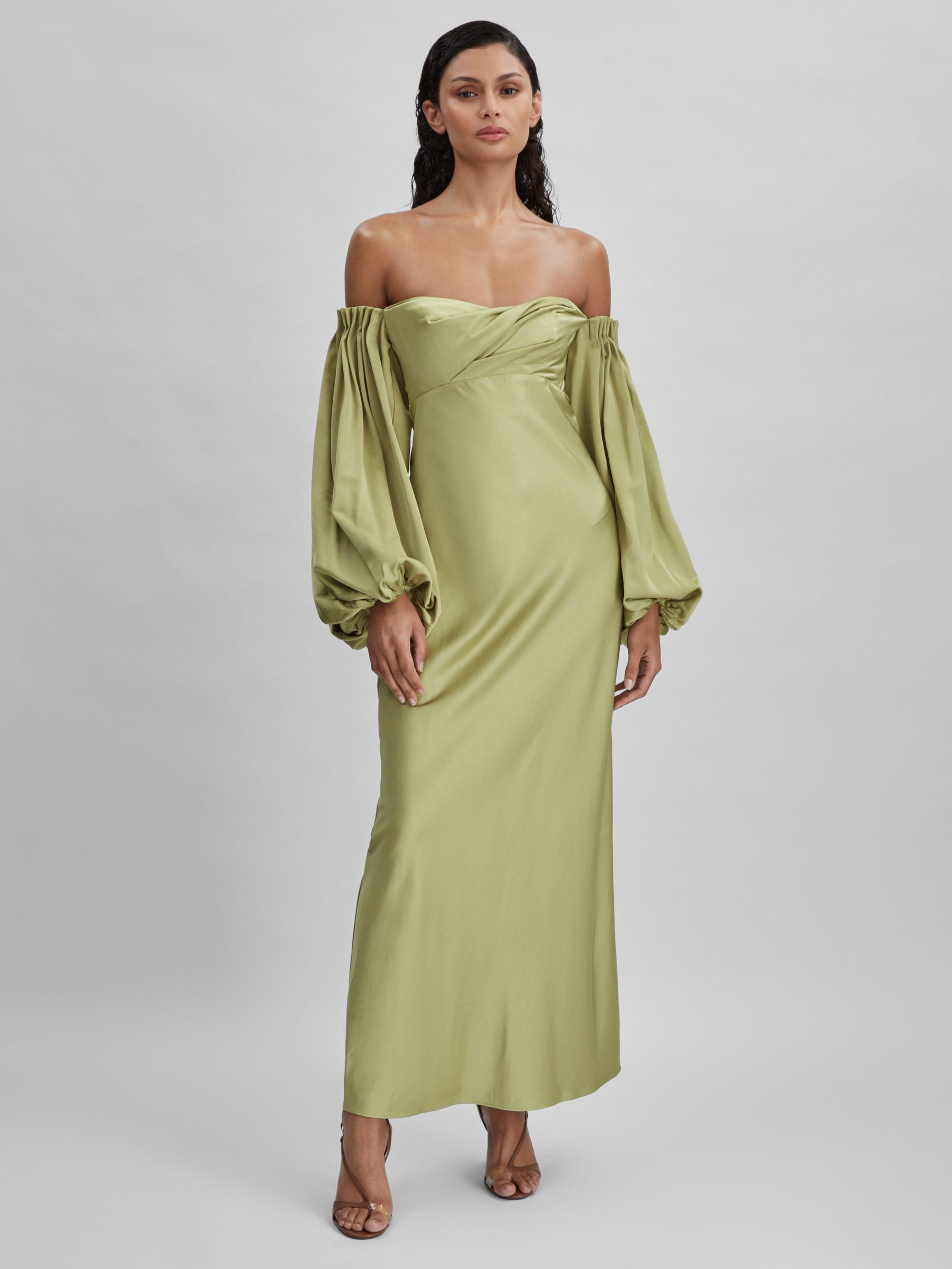 Significant Other Satin Off-The-Shoulder Maxi Dress in Sage - Image 1 of 6