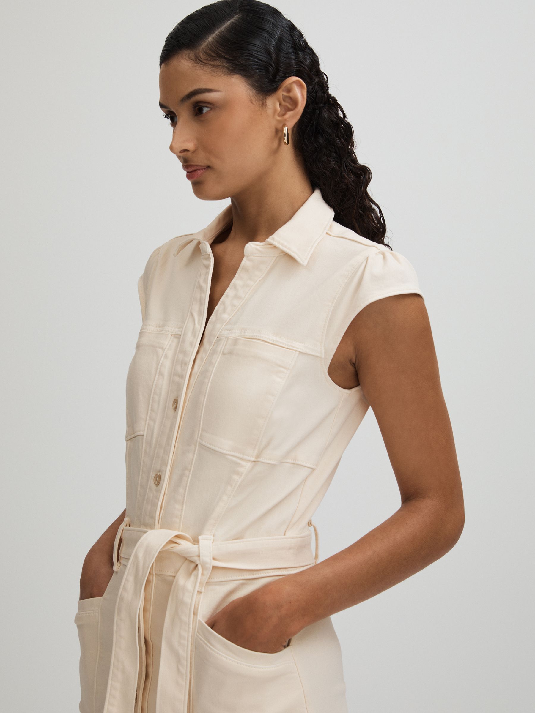 Paige Belted Denim Mini Dress in Sand - Image 3 of 5