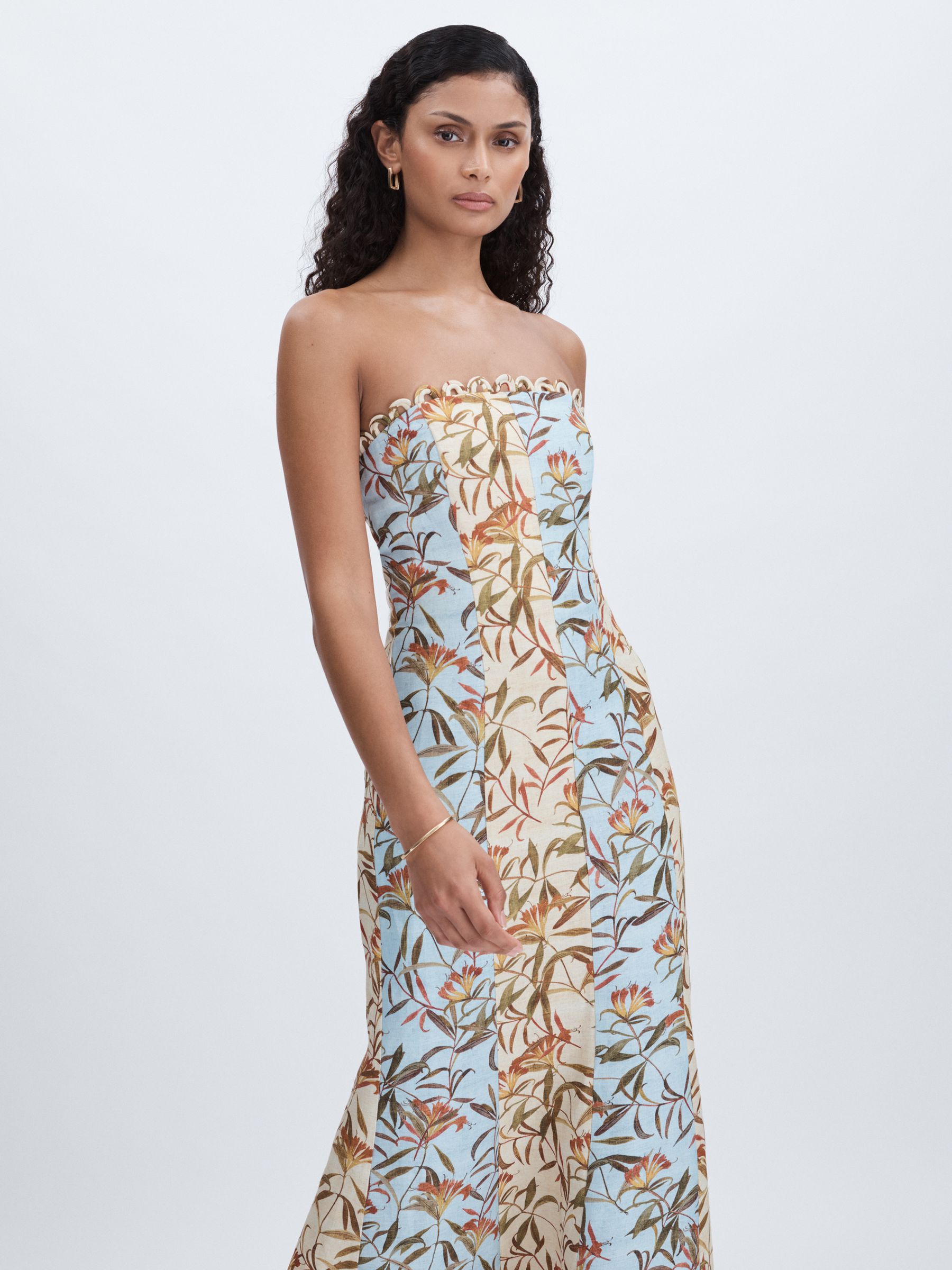 Significant Other Linen-Blend Strapless Floral Midi Dress in Blue Multi - Image 3 of 6