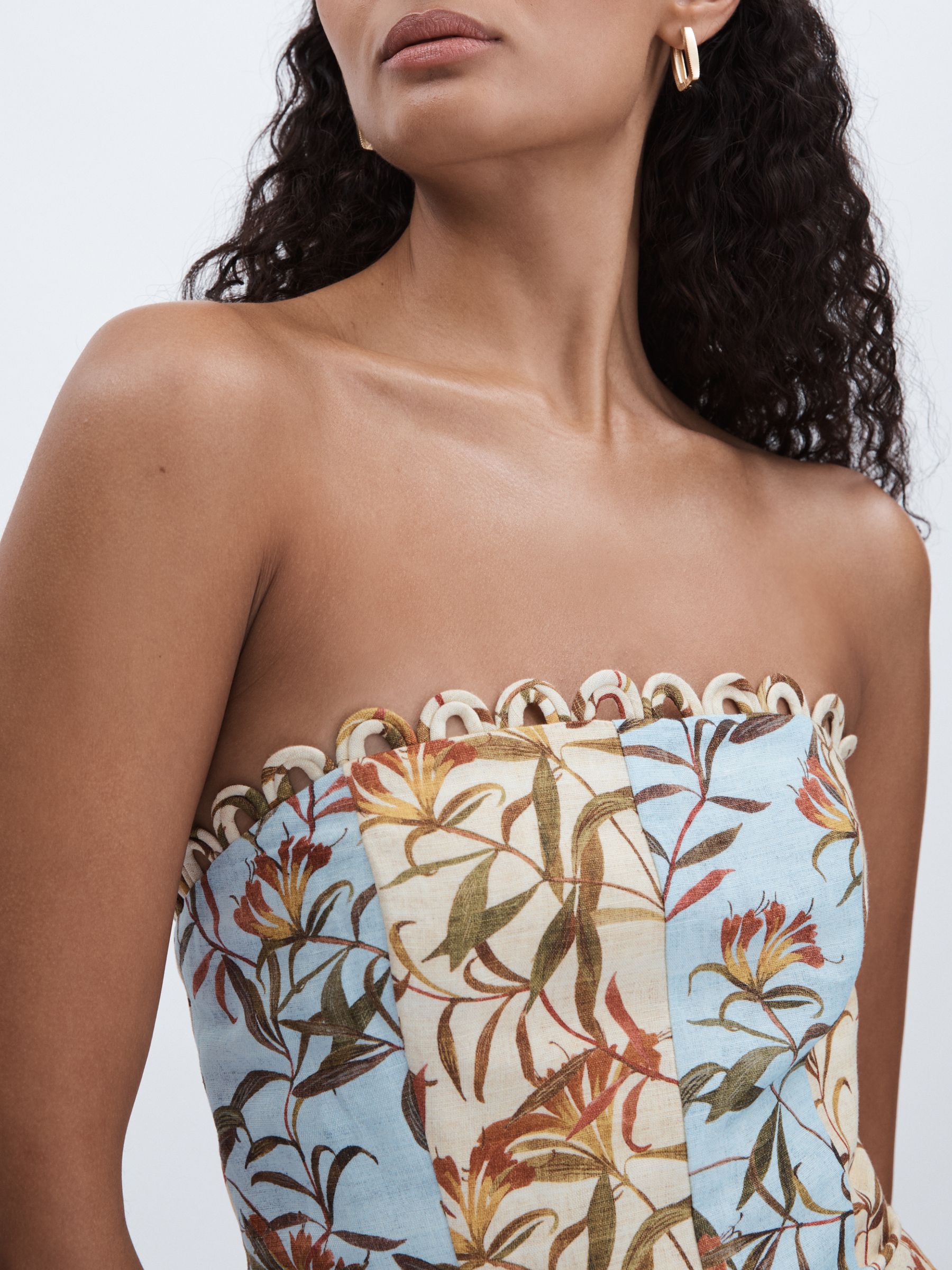 Significant Other Linen-Blend Strapless Floral Midi Dress in Blue Multi - Image 4 of 6