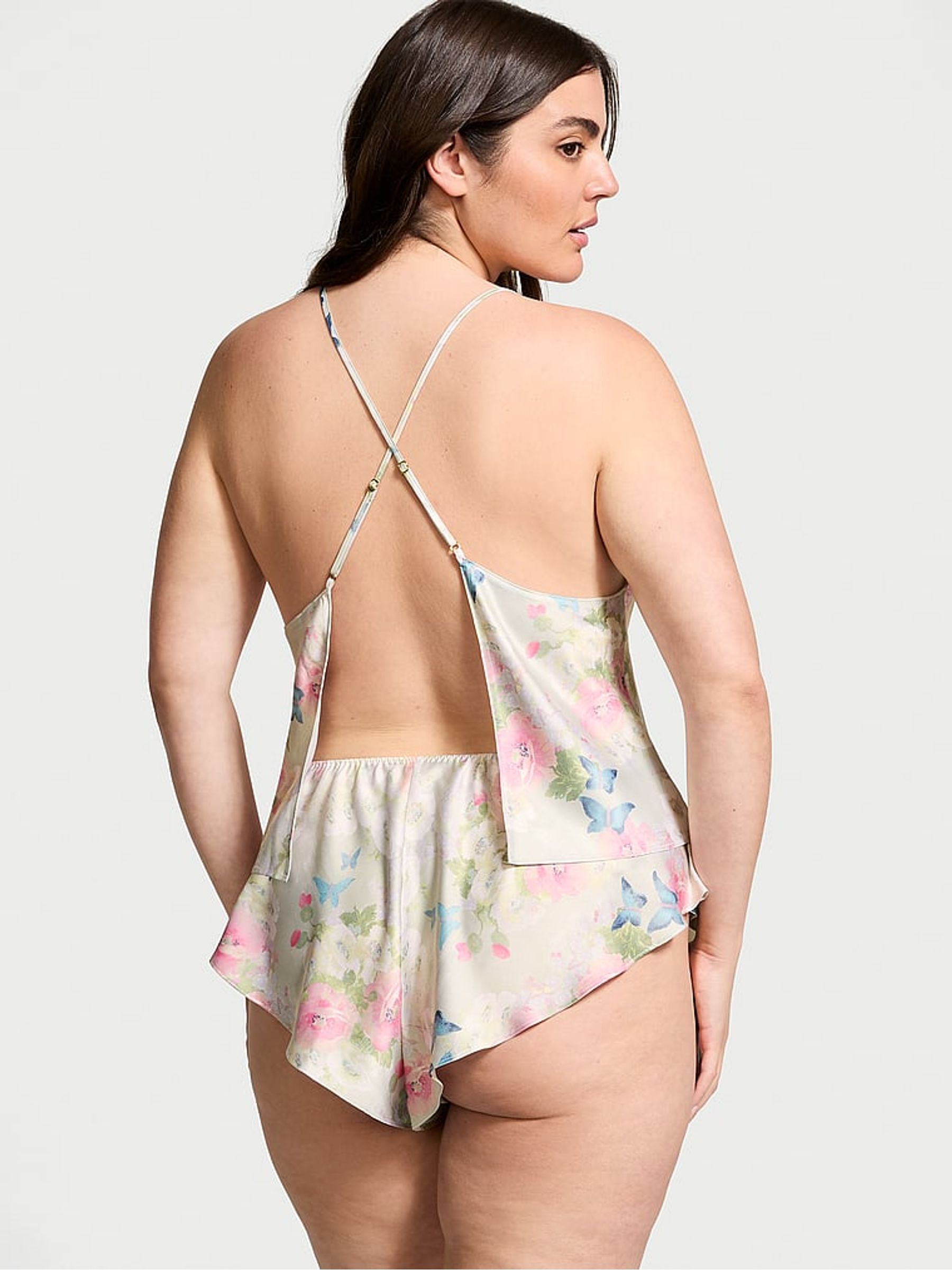 Pink Delicate Garden Print Satin Open Back Cami & Shorts Set - Image 2 of 3