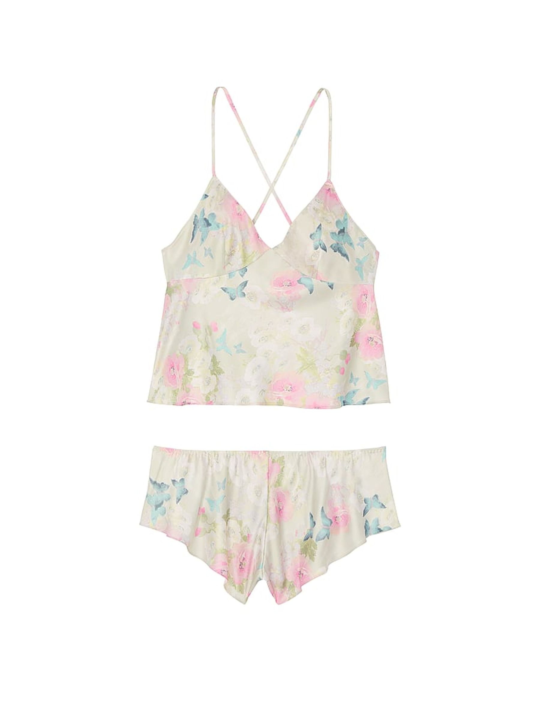 Pink Delicate Garden Print Satin Open Back Cami & Shorts Set - Image 3 of 3