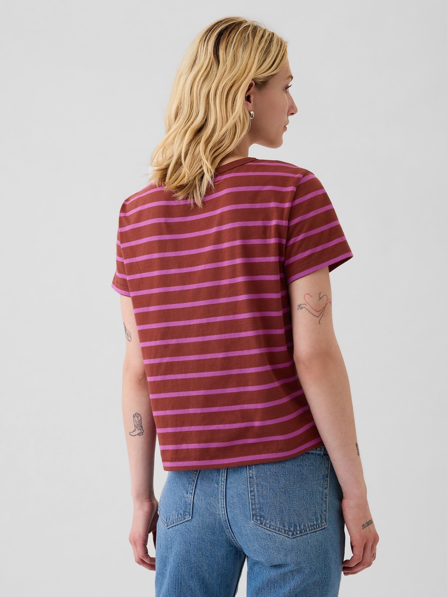 Red Stripe Crew Neck Cotton Vintage Shrunken T-Shirt - Image 2 of 3