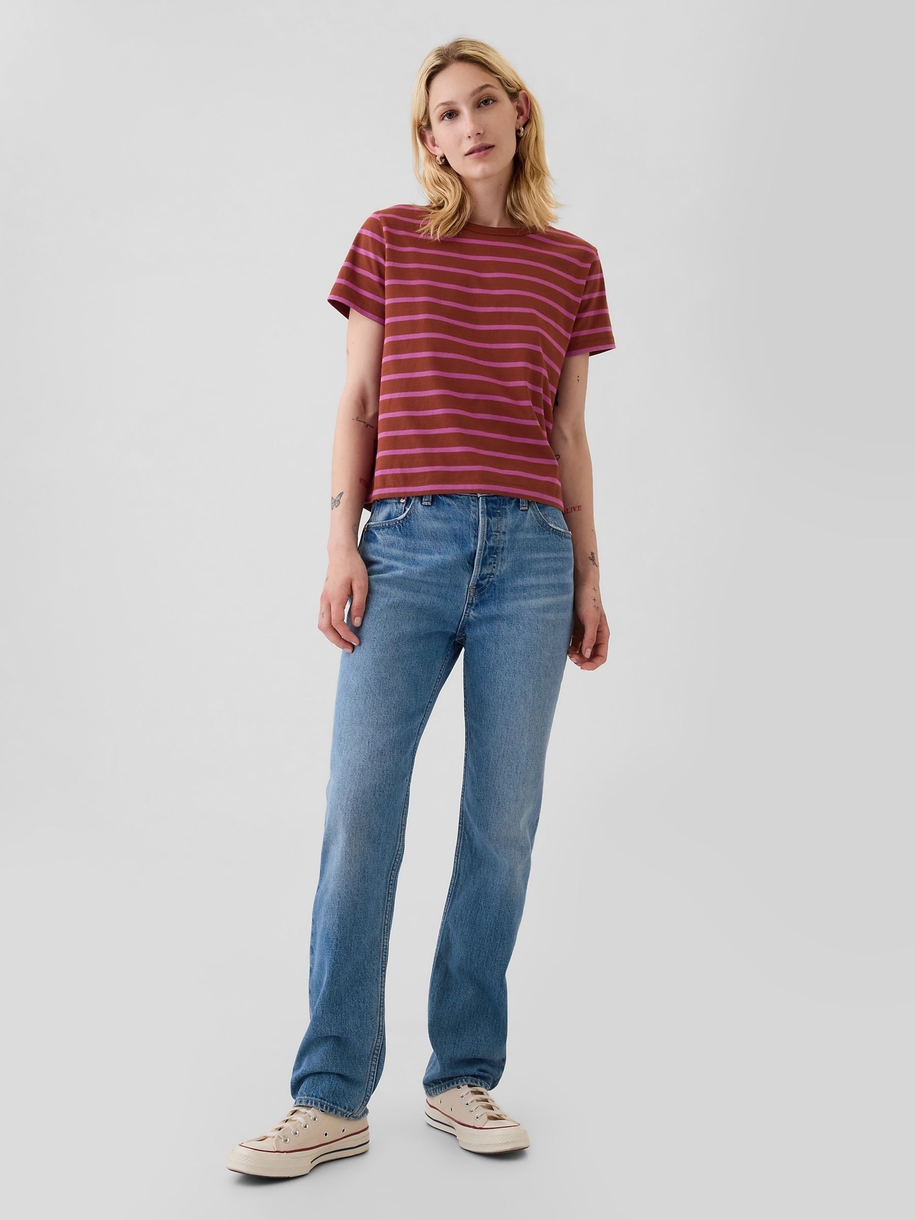 Red Stripe Crew Neck Cotton Vintage Shrunken T-Shirt - Image 3 of 3