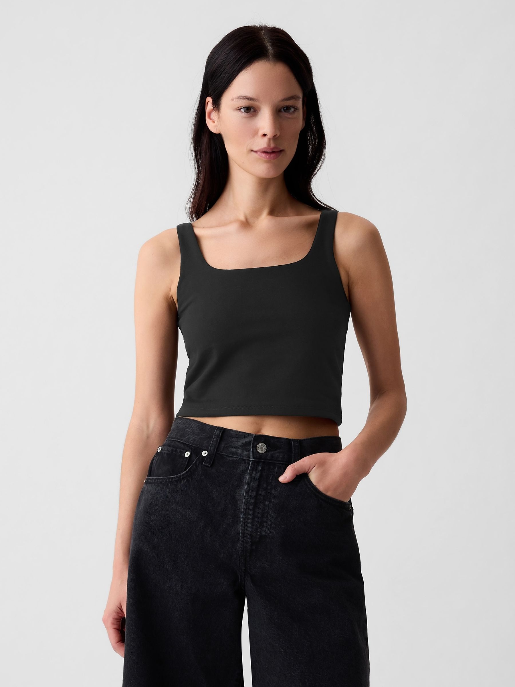 Black Built in Bra Cropped Vest Top - Image 1 of 1