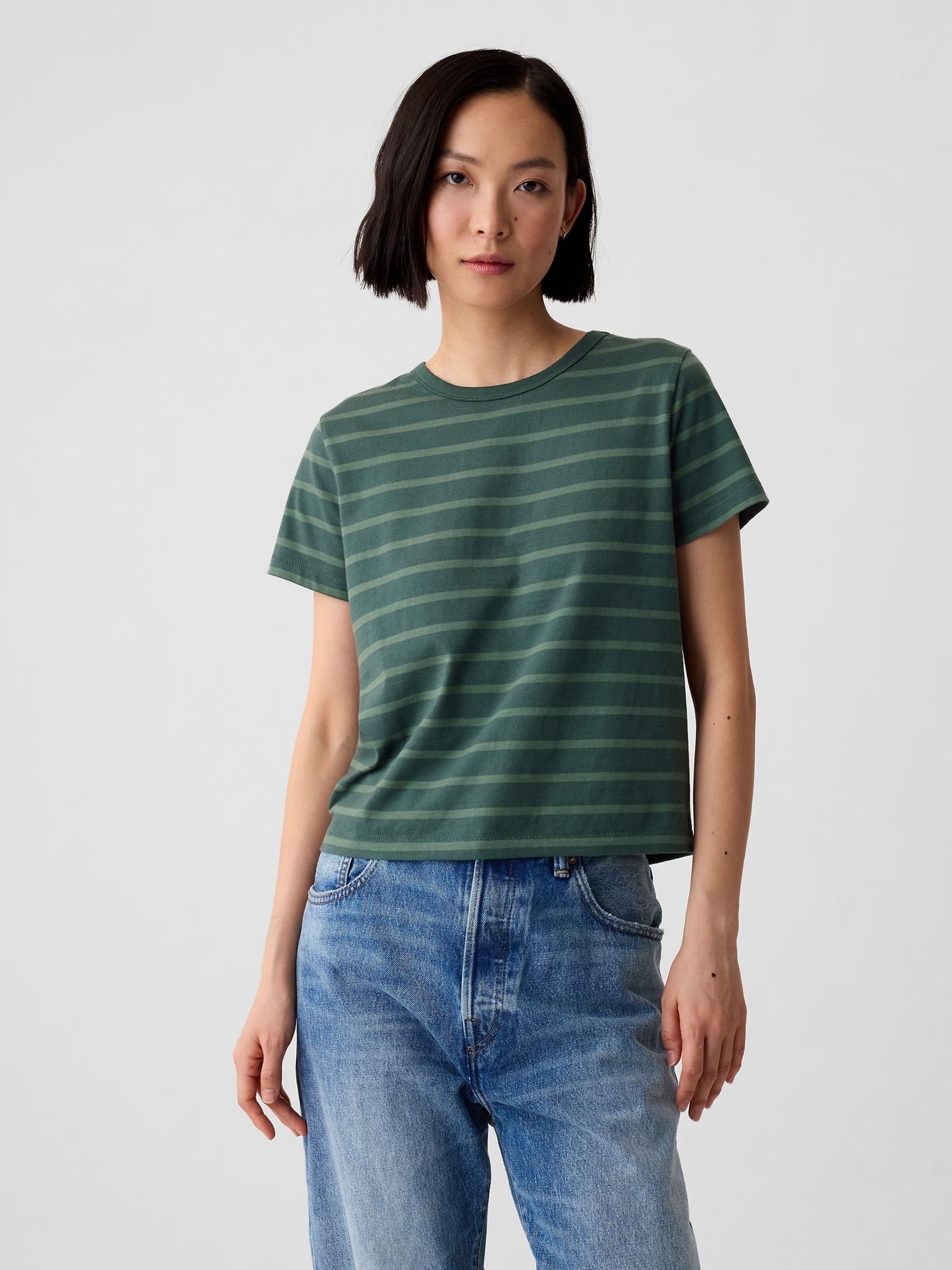 Green Stripe Crew Neck Cotton Vintage Shrunken T-Shirt - Image 1 of 3