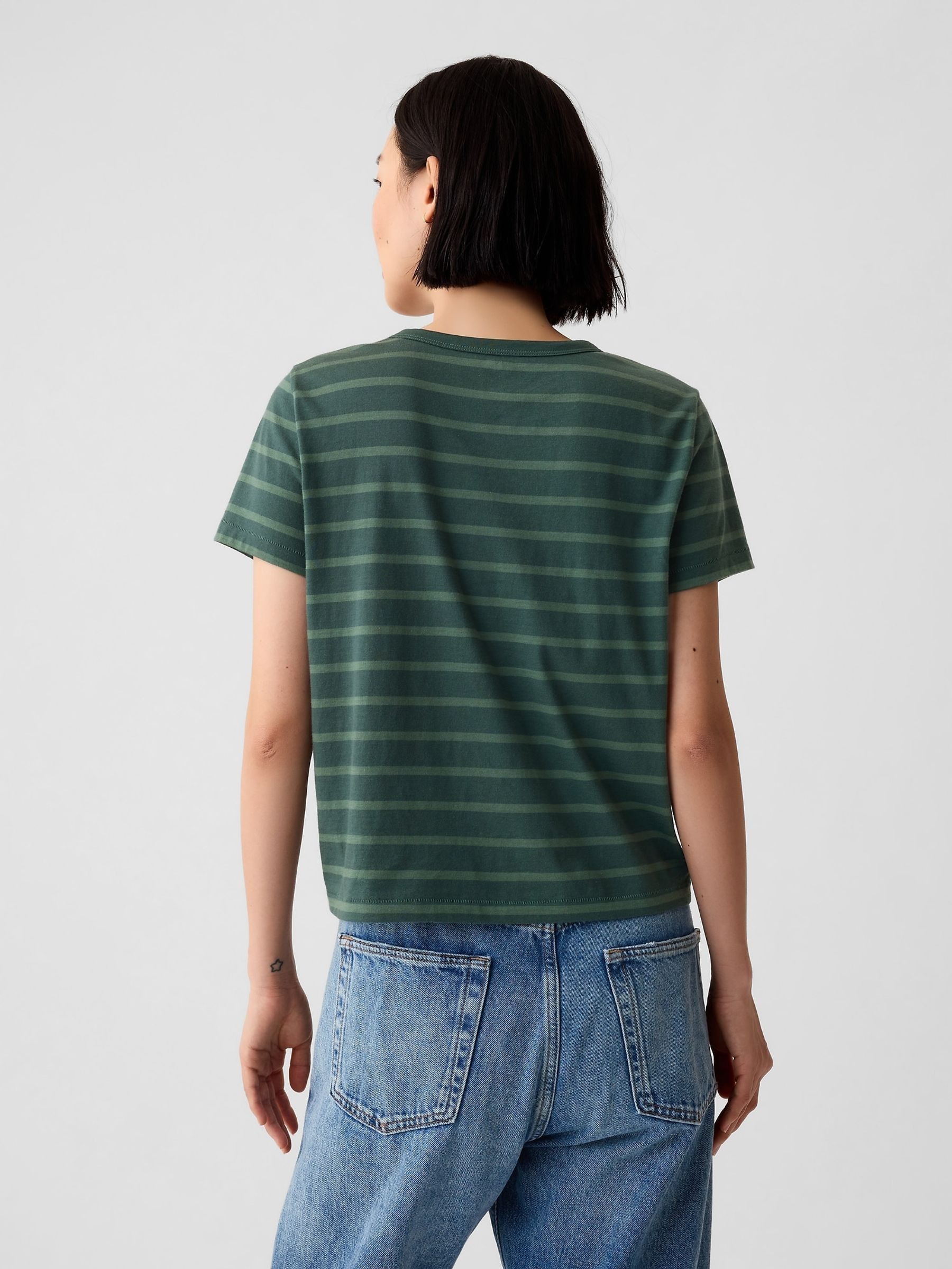 Green Stripe Crew Neck Cotton Vintage Shrunken T-Shirt - Image 2 of 3