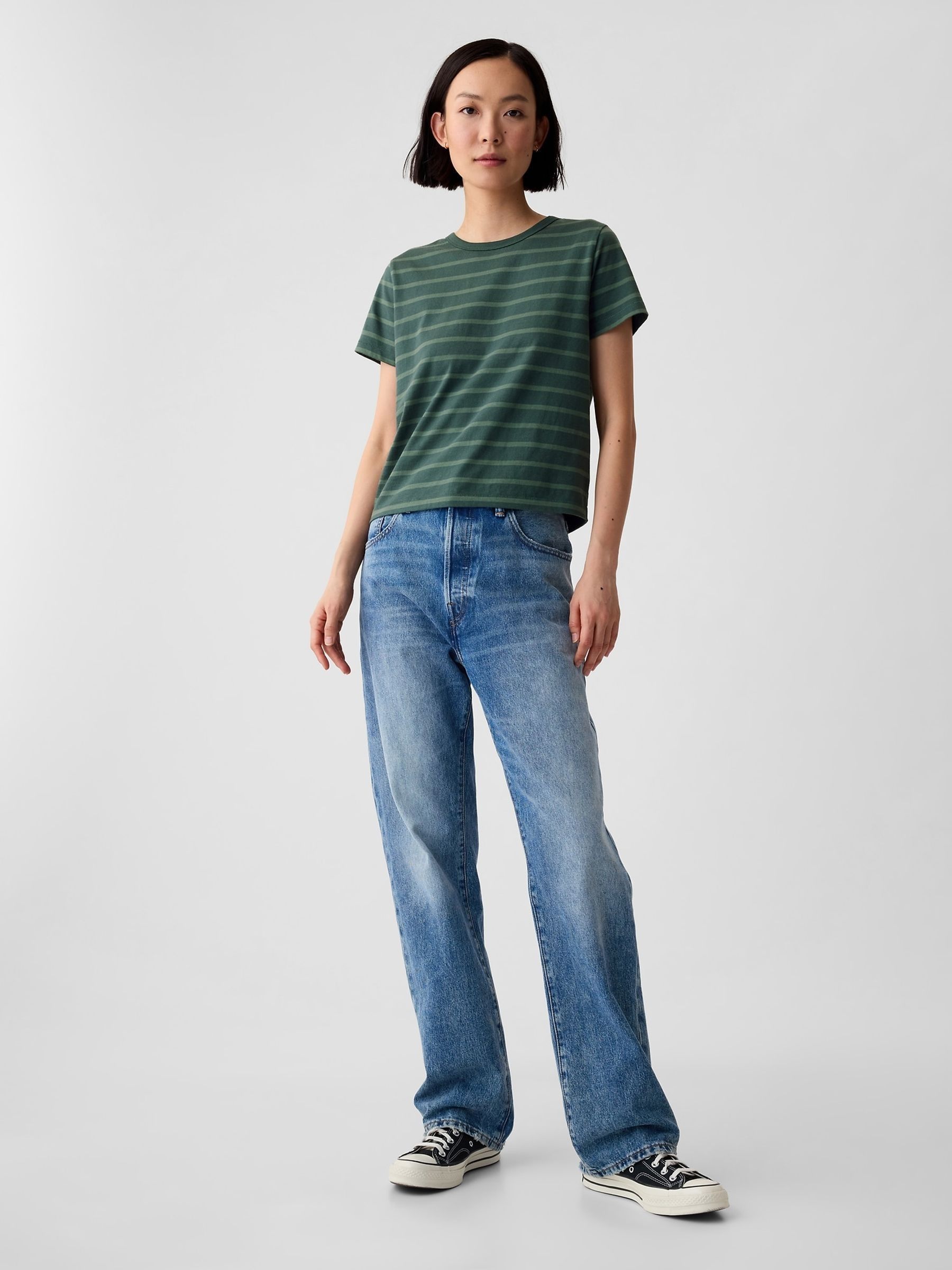 Green Stripe Crew Neck Cotton Vintage Shrunken T-Shirt - Image 3 of 3