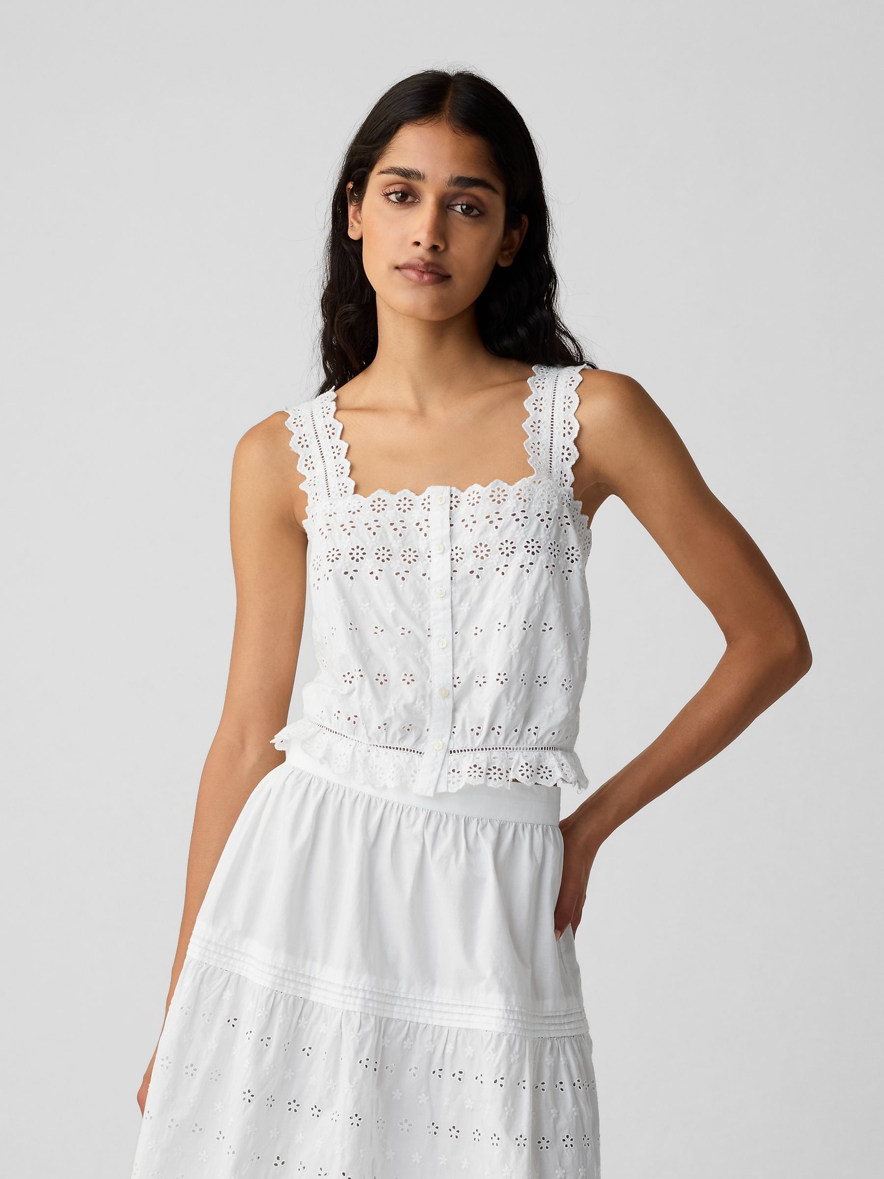 White DÔEN Cropped Eyelet Sleeveless Vest Top - Image 1 of 2