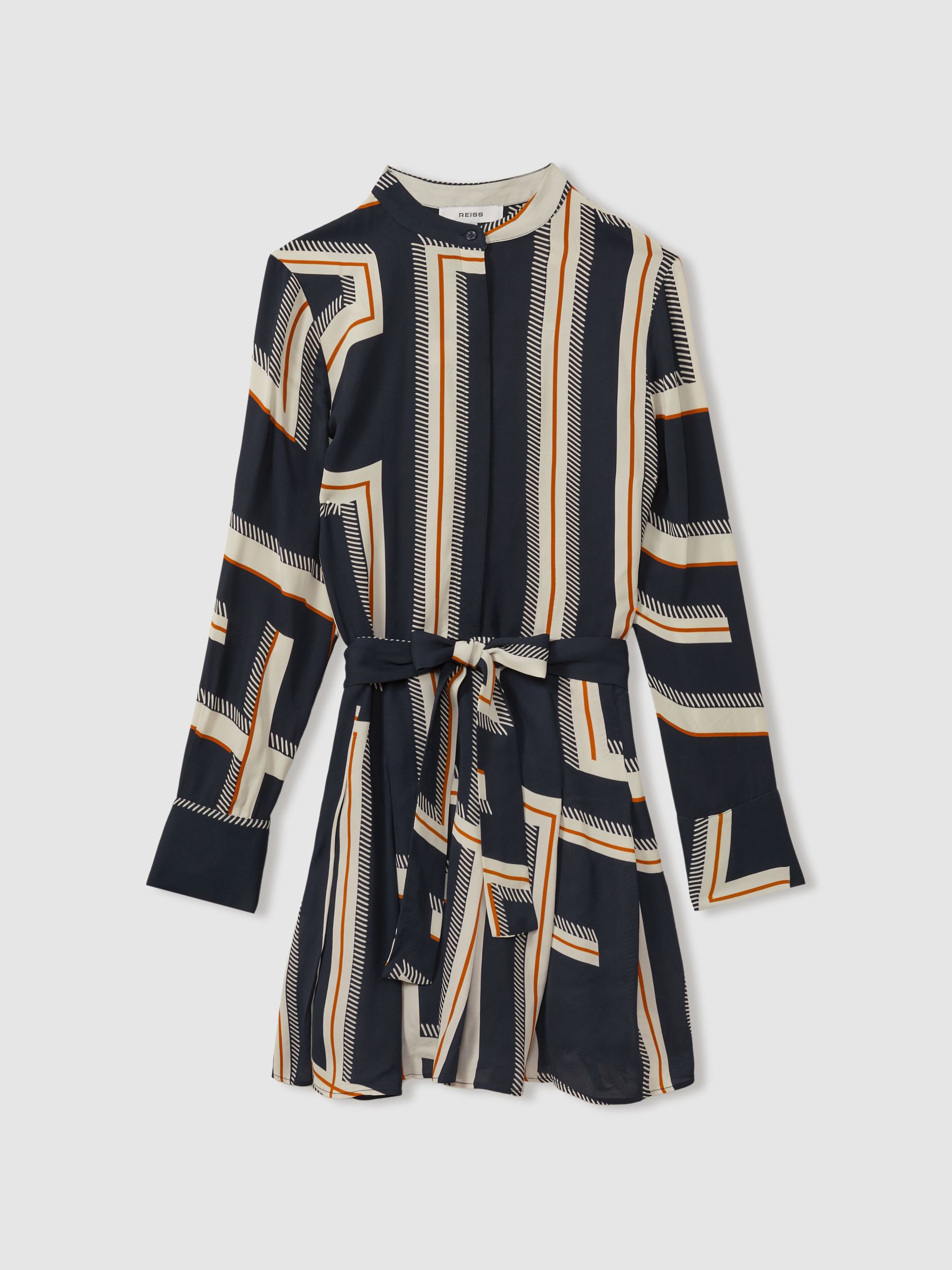 Ciara Navy Geometric Print Belted Mini Dress - Image 2 of 5
