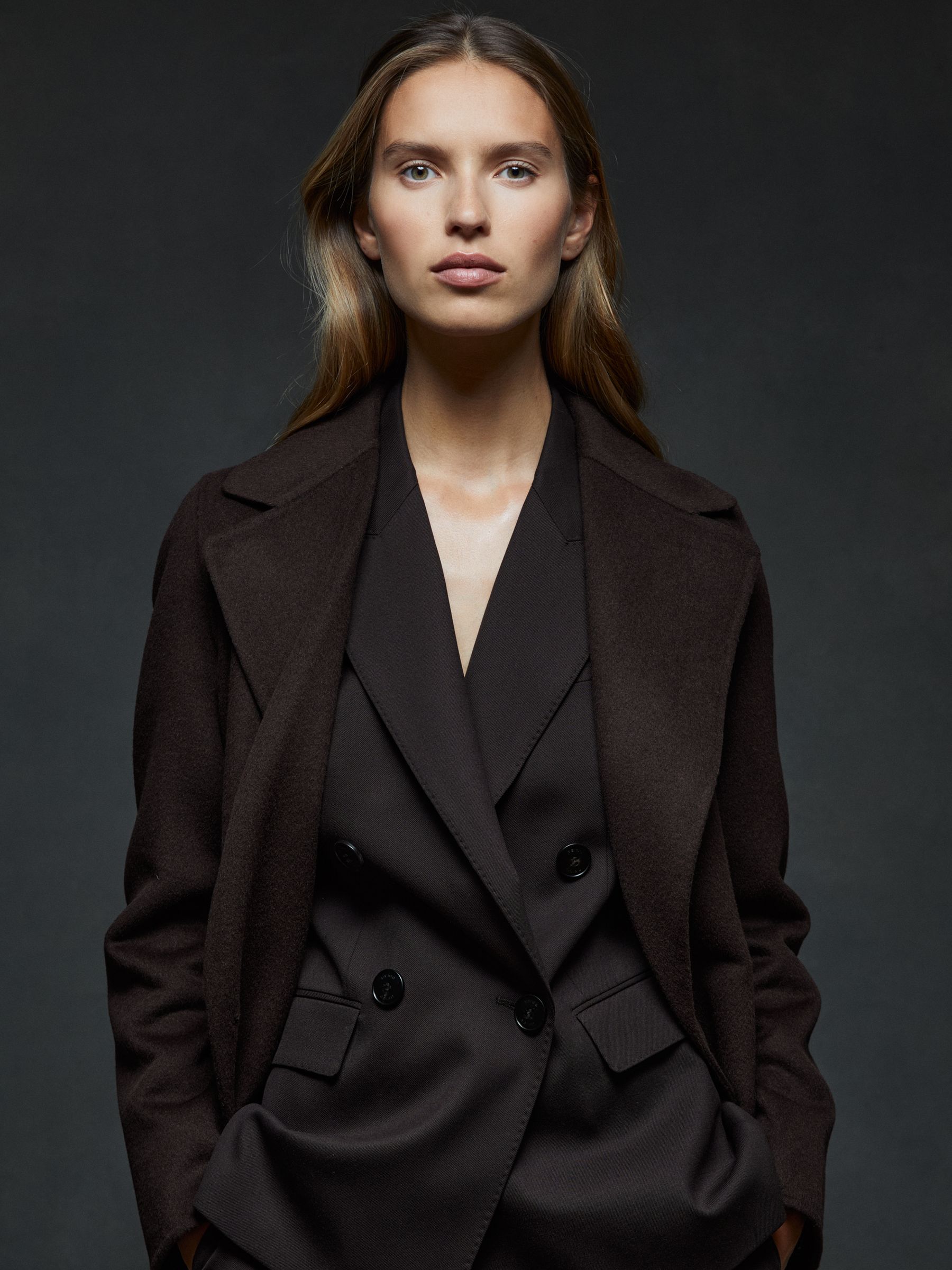 Wool Blend Double Breasted Blindseam Coat in Chocolate - Image 3 of 6