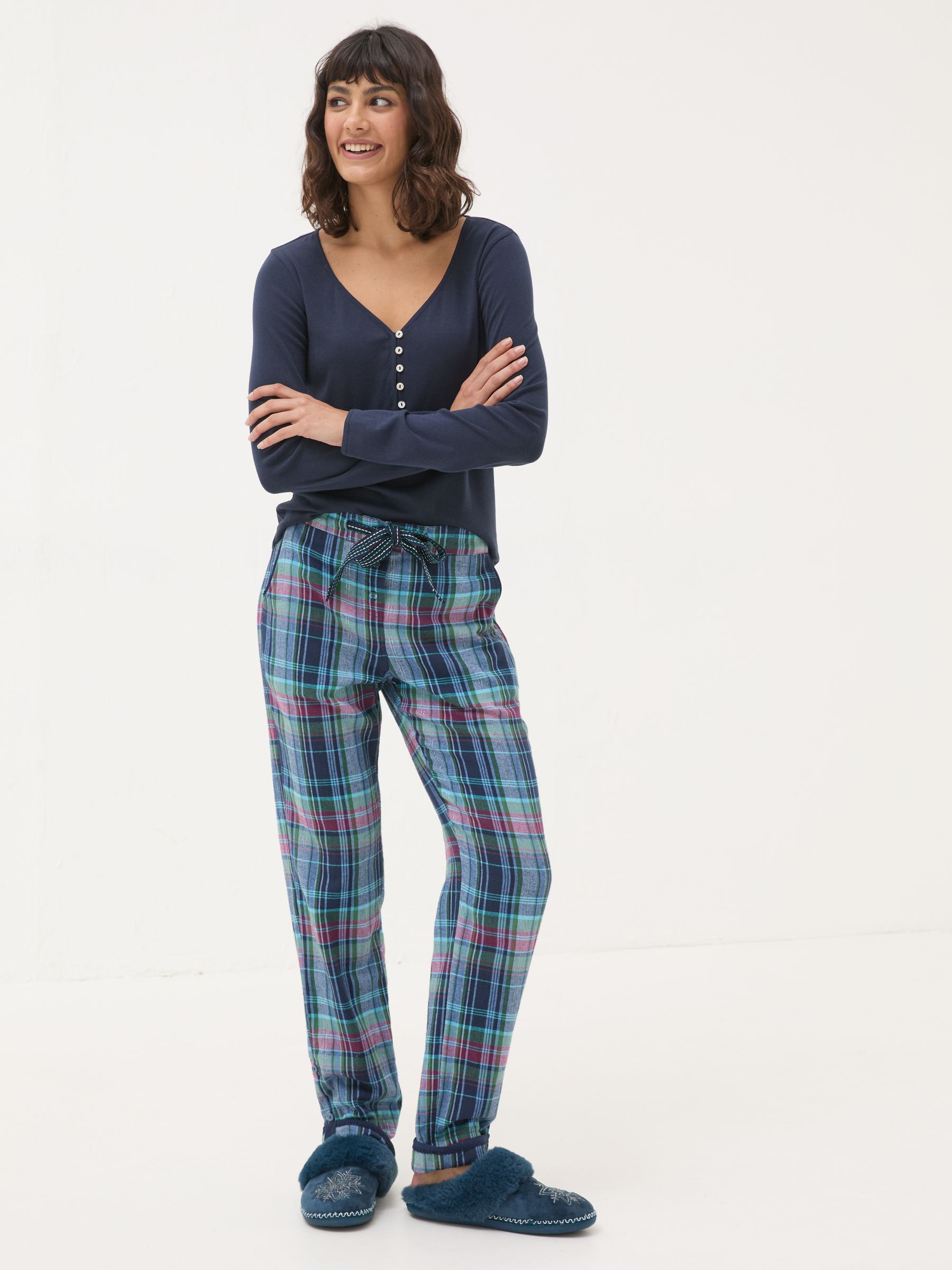 Eva Sparkle Blue Navy Check 100% Cotton Pyjama Bottoms - Image 1 of 6