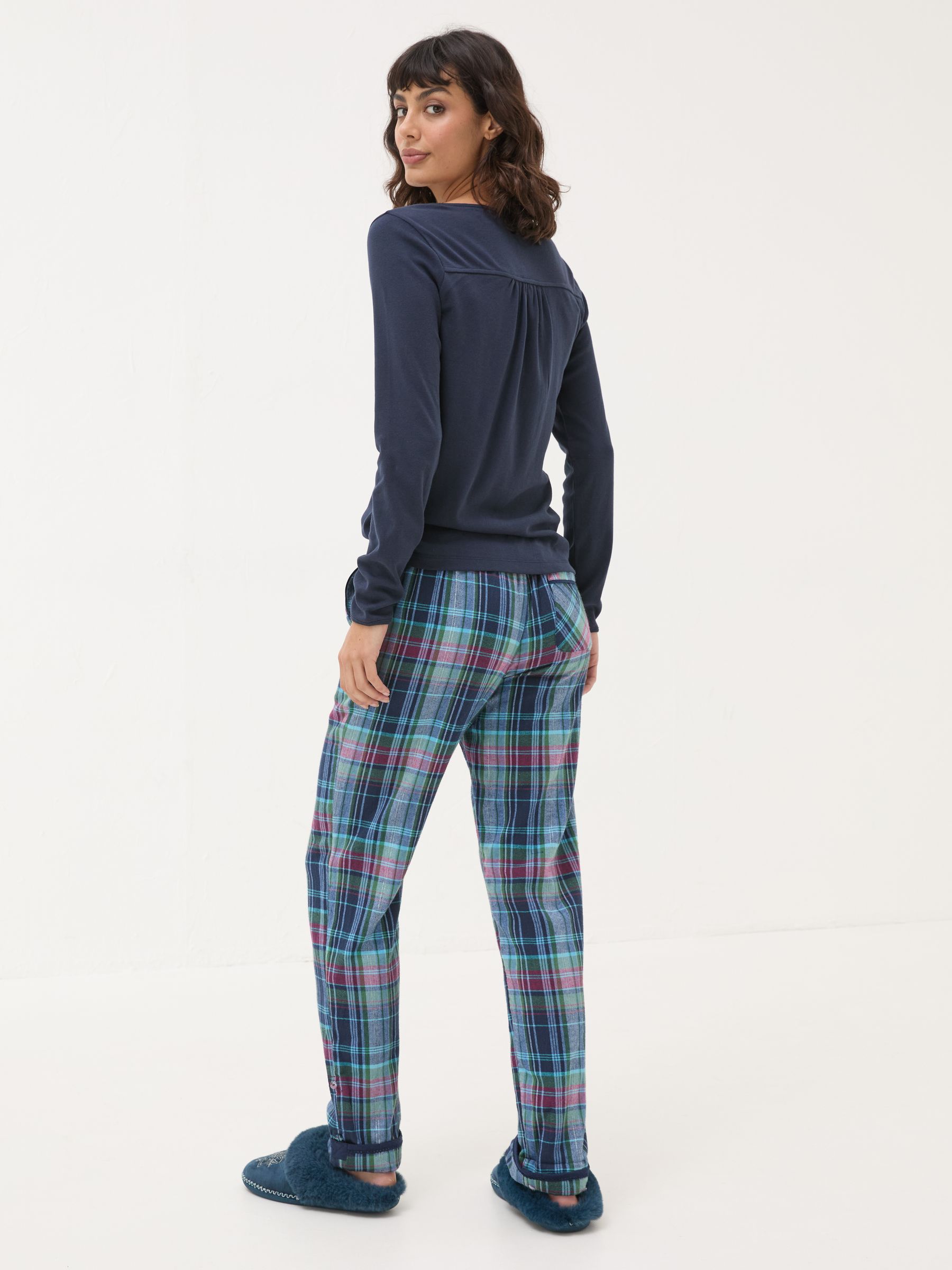 Eva Sparkle Blue Navy Check 100% Cotton Pyjama Bottoms - Image 2 of 6