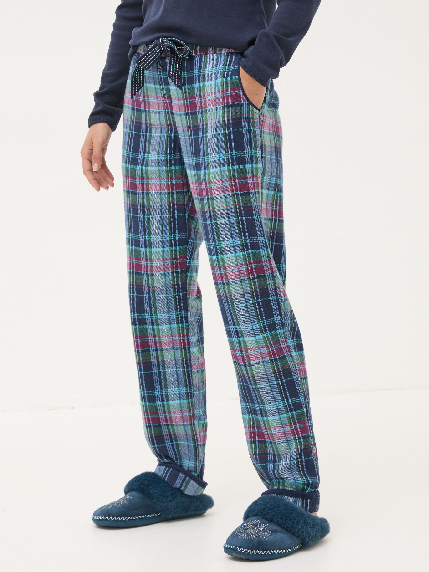Eva Sparkle Blue Navy Check 100% Cotton Pyjama Bottoms - Image 3 of 6