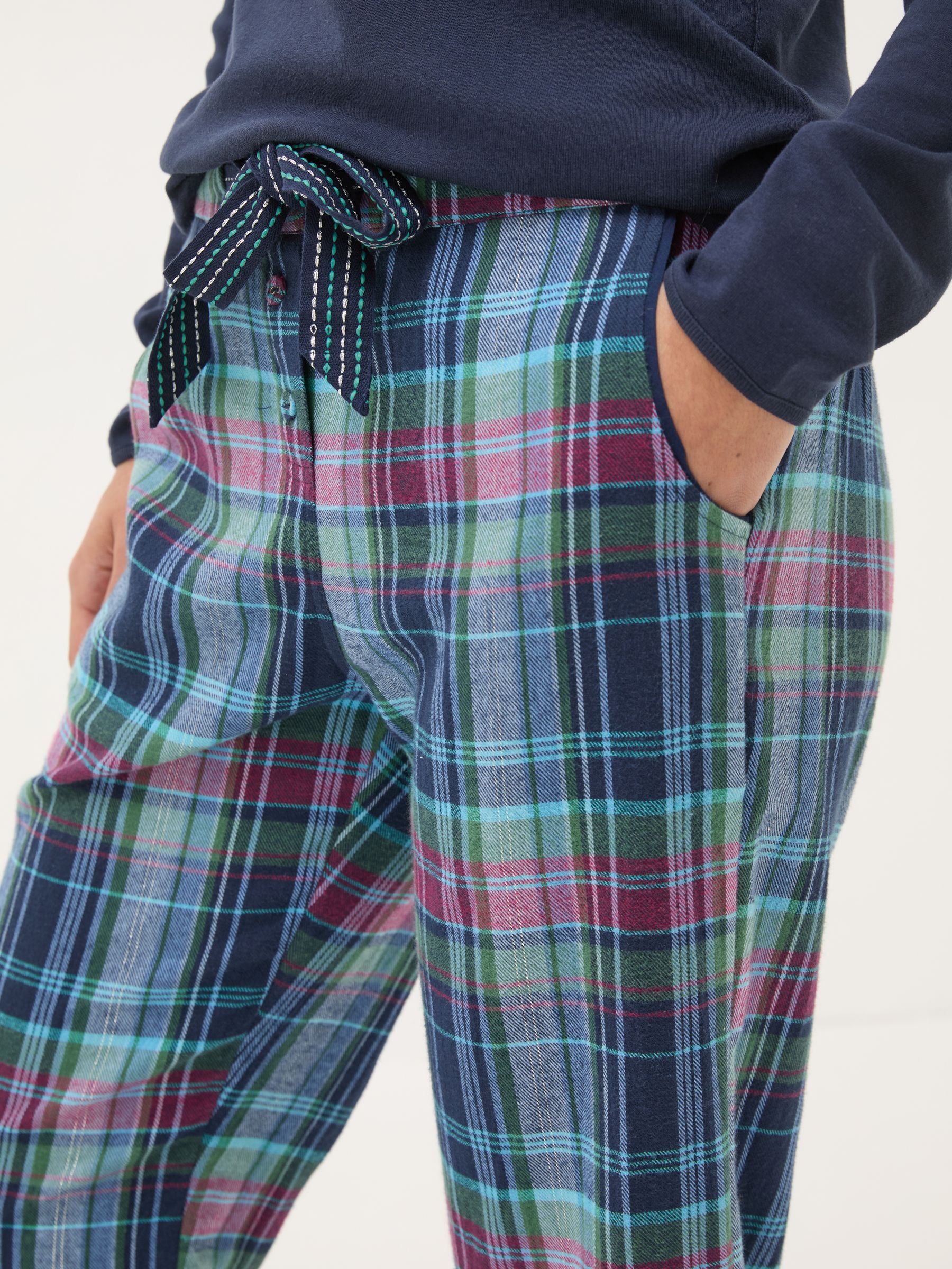 Eva Sparkle Blue Navy Check 100% Cotton Pyjama Bottoms - Image 4 of 6