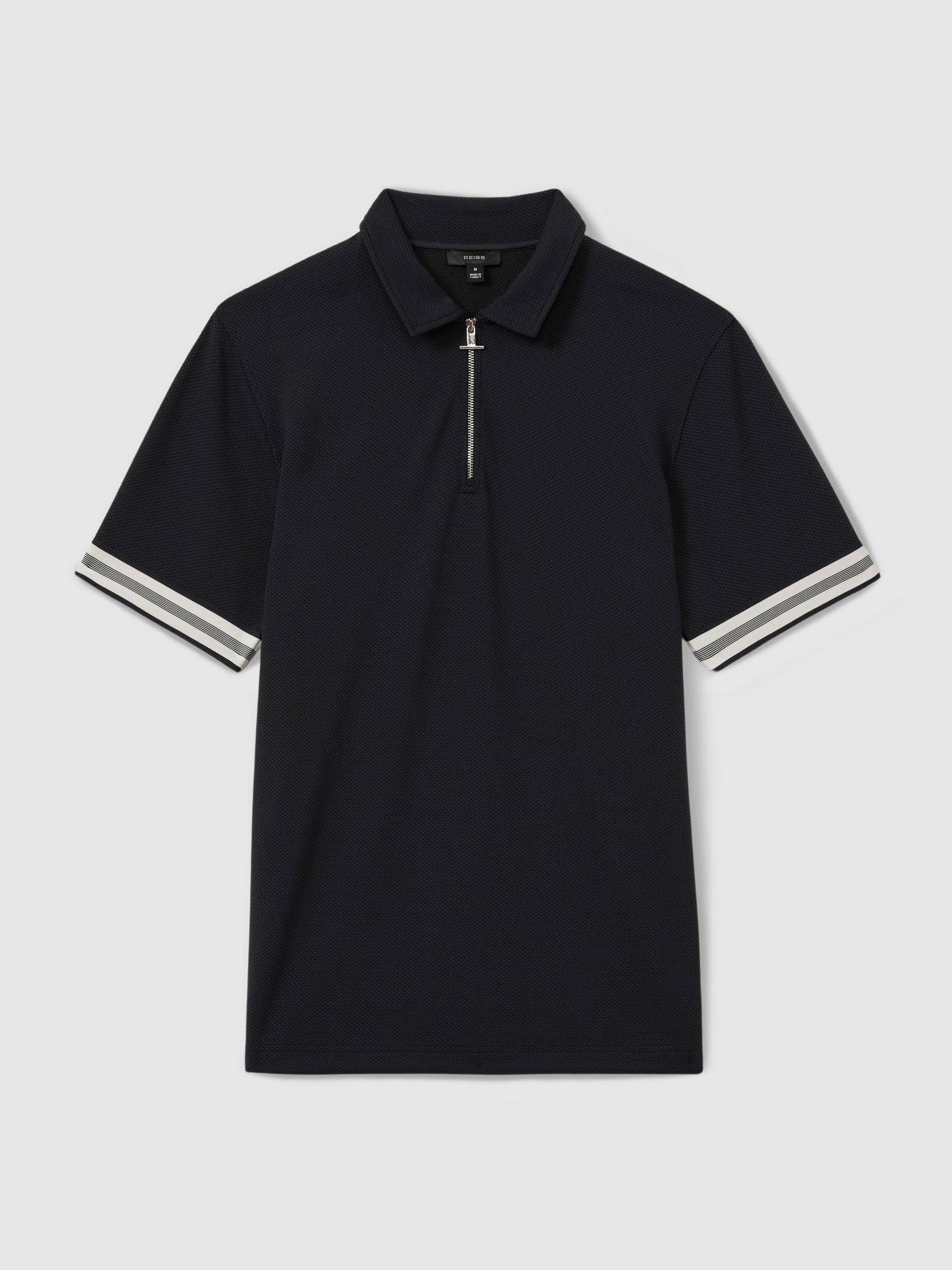 Textured Contrast Trim Half-Zip Polo Shirt in Navy - Image 2 of 6