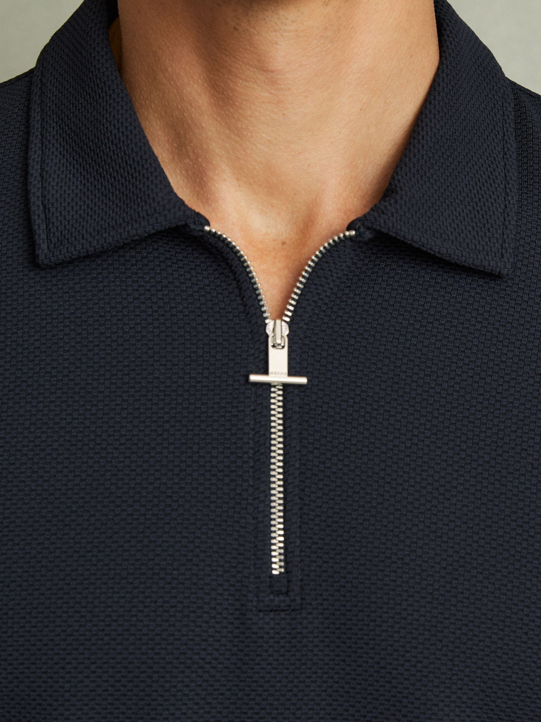 Textured Contrast Trim Half-Zip Polo Shirt in Navy - Image 3 of 6