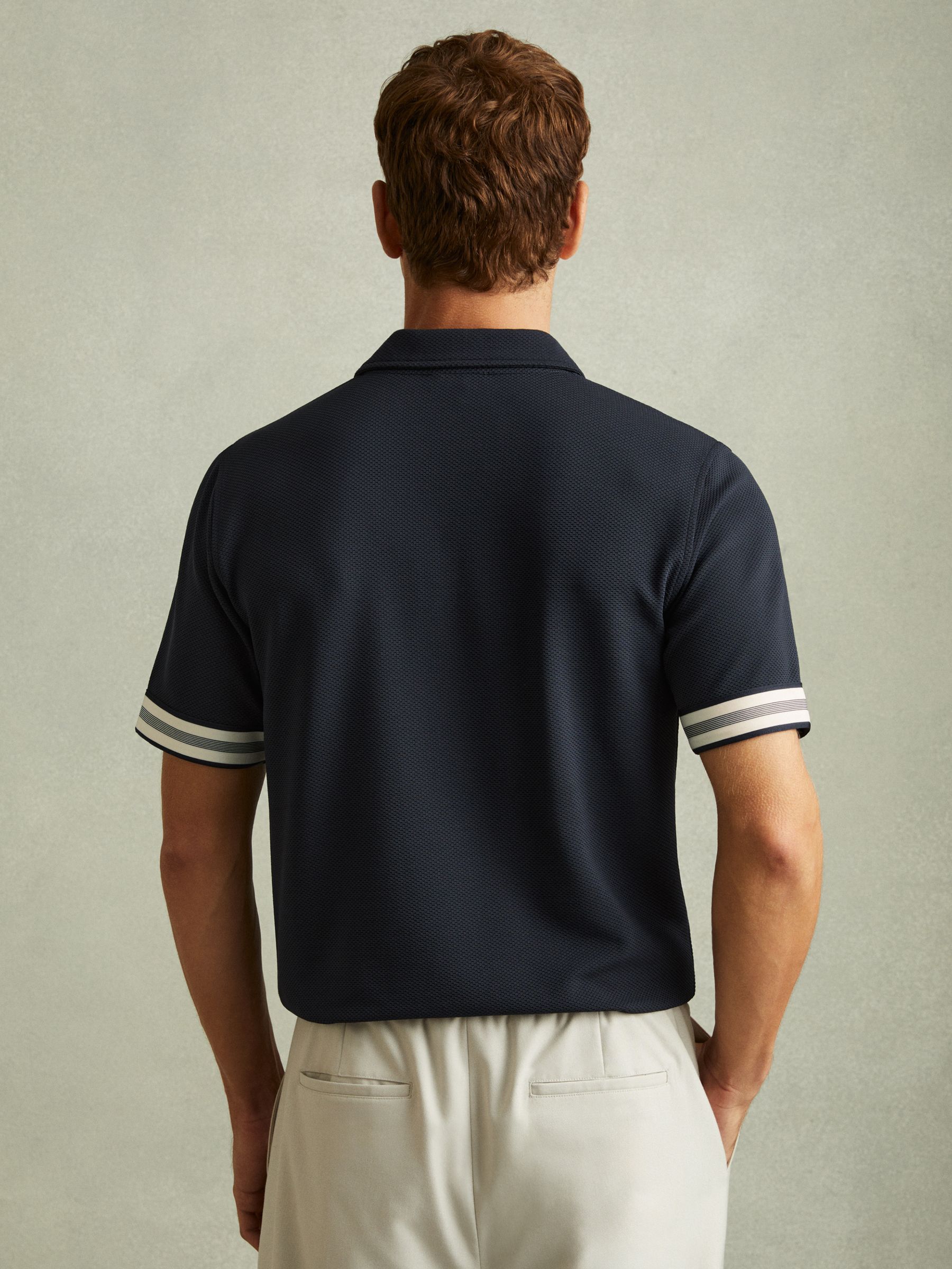 Textured Contrast Trim Half-Zip Polo Shirt in Navy - Image 4 of 6