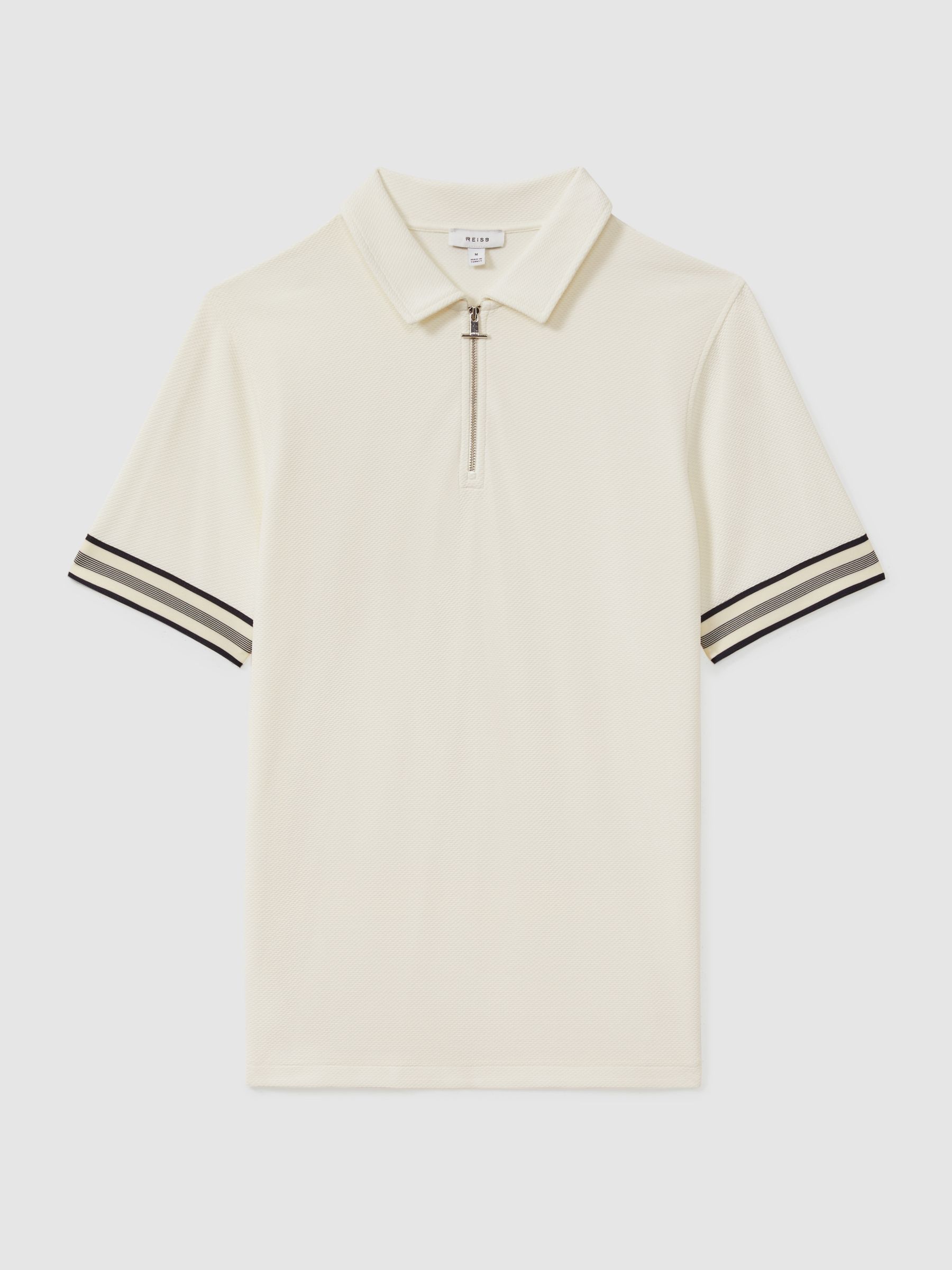 Textured Contrast Trim Half-Zip Polo Shirt in Off White - Image 2 of 6
