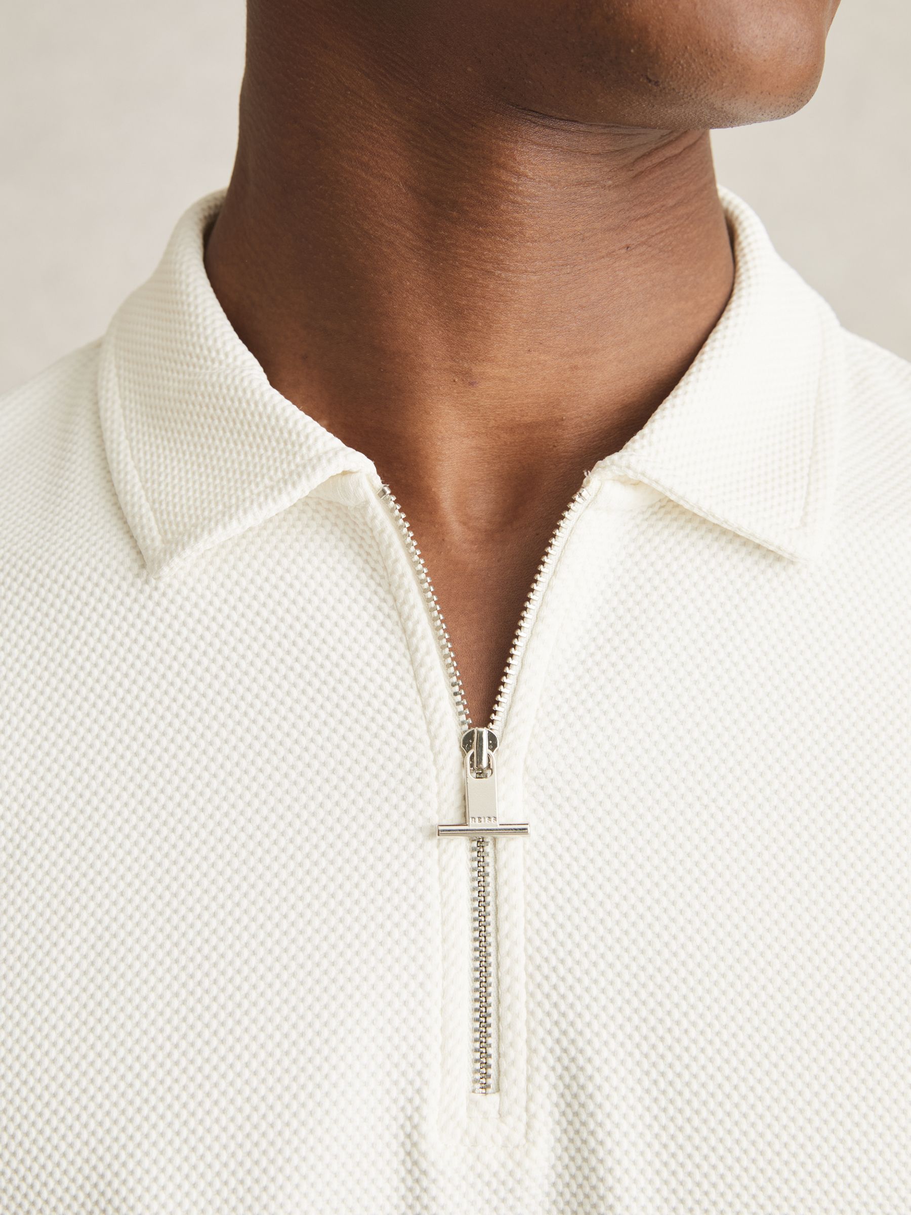 Textured Contrast Trim Half-Zip Polo Shirt in Off White - Image 4 of 6